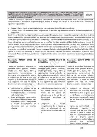 208
Competencia “CONSTRUYE SU IDENTIDAD COMO PERSONA HUMANA, AMADA POR DIOS, DIGNA, LIBRE
Y TRASCENDENTE, COMPRENDIENDO LA DOCTRINA DE SU PROPIA RELIGIÓN, ABIERTO AL DIÁLOGO CON
LAS QUE LE SON MÁS CERCANAS.”
Ciclo VII
Cuando el estudiante “construye su identidad como persona humana, amada por dios, digna, libre y trascendente,
comprendiendo la doctrina de su propia religión, abierto al diálogo con las que le son más cercanas.” combina las
siguientes capacidades:
 Conoce a Dios y asume su identidad religiosa como persona digna, libre y trascendente.
 Cultiva y valora las manifestaciones religiosas de su entorno argumentando su fe de manera comprensible y
respetuosa.
Construye su identidad como persona humana, amada por Dios, digna, libre y trascendente, comprendiendo la doctrina
de su propia religión, abierto al diálogo con las que le son más cercanas, cuando argumenta la intervención de Dios en
la vida de la Iglesia, el sentido que le da a su existencia y a la humanidad expresando con convicción sus ideas y su fe.
Acoge a Jesucristo como modelo de hombre que le enseña a vivir bajo la acción del Espíritu Santo. Asume el amor de
Dios en su vida diaria expresándolo con acciones concretas. Interioriza el mensaje de Jesús y las enseñanzas de la
Iglesia, para actuar coherentemente, respetando las diversas expresiones culturales y religiosas en bien de la unidad
y comunión entre toda la humanidad. Expresa en su vida diaria los principios de la Doctrina Social de la Iglesia: el bien
común, la promoción humana y el respeto por los derechos y deberes del hombre, cumpliendo su misión en la
comunidad. Actúa con libertad, solidaridad y responsabilidad frente a los demás asumiendo las consecuencias de sus
acciones.
Desempeños TERCER GRADO DE
SECUNDARIA
Cuando el estudiante “construye su
identidad como persona humana,
amada por Dios, digna, libre y
trascendente, comprendiendo la
doctrina de su propia religión, abierto
al diálogo con las que le son más
cercanas” y se encuentra en proceso al
nivel esperado del ciclo VII realiza
desempeños como los siguientes:
 Fundamenta la intervención de
Dios en la vida de la Iglesia y valora
el sentido que le da a su existencia
y a la humanidad.
 Acoge a Jesucristo como modelo
de hombre que enseña a vivir bajo
la acción del Espíritu Santo y asume
la misión evangelizadora en
coherencia con su creencia
religiosa.
Desempeños CUARTO GRADO DE
SECUNDARIA
Cuando el estudiante “construye su
identidad como persona humana,
amada por Dios, digna, libre y
trascendente, comprendiendo la
doctrina de su propia religión, abierto
al diálogo con las que le son más
cercanas” y se encuentra en proceso
al nivel esperado del ciclo VII realiza
desempeños como los siguientes:
 Fundamenta la presencia de Dios
en la vida del cristiano y valora la
misión de la Iglesia en
Latinoamérica a la luz de los
documentos conciliares y
eclesiásticos.
 Comprende la misión
evangelizadora de la Iglesia y
valora la religiosidad de los
pueblos como manifestación de
fe.
Desempeños QUINTO GRADO DE
SECUNDARIA
Cuando el estudiante “construye su
identidad como persona humana,
amada por Dios, digna, libre y
trascendente, comprendiendo la
doctrina de su propia religión,
abierto al diálogo con las que le son
más cercanas” y logra el nivel
esperado del ciclo VII realiza
desempeños como los siguientes:
 Interioriza el mensaje de
Jesucristo y los principios de la
Doctrina Social de la Iglesia que
se manifiestan en el bien común,
la promoción humana, el respeto
por los derechos y deberes del
hombre.
 Expresa su espiritualidad y
religiosidad viviendo en
santidad, que es una vida en
justicia a la luz de la Palabra de
Dios, con acciones concretas de
amor al prójimo usando
adecuadamente su libertad para
construir una sociedad
auténticamente humana.
 