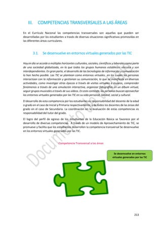 213
III. COMPETENCIAS TRANSVERSALES A LAS ÁREAS
En el Currículo Nacional las competencias transversales son aquellas que pueden ser
desarrolladas por los estudiantes a través de diversas situaciones significativas promovidas en
las diferentes áreas curriculares.
3.1. Se desenvuelve en entornos virtuales generados por las TIC
Hoy en día se accede a múltiples horizontes culturales, sociales, científicos y laborales como parte
de una sociedad globalizada, en la que todos los grupos humanos establecen vínculos y son
interdependientes. En gran parte, el desarrollo de las tecnologías de información y comunicación
lo han hecho posible. Las TIC se plantean como entornos virtuales en los cuales las personas
interactúan con la información y gestionan su comunicación, lo que se manifiesta en diversas
actividades, como investigar otras épocas a través de visitas virtuales a museos, comprender
fenómenos a través de una simulación interactiva, organizar fotografías en un álbum virtual,
seguir grupos musicales a través de sus videos. En este contexto, las personas buscan aprovechar
los entornos virtuales generados por las TIC en su vida personal, laboral, social y cultural.
El desarrollo de esta competencia por los estudiantes es responsabilidad del docente de la edad
o grado en el caso de Inicial y Primaria respectivamente; y de todos los docentes de las áreas del
grado en el caso de Secundaria. La coordinación en la evaluación de estas competencias es
responsabilidad del tutor del grado.
El logro del perfil de egreso de los estudiantes de la Educación Básica se favorece por el
desarrollo de diversas competencias. A través de un modelo de Aprovechamiento de TIC, se
promueve y facilita que los estudiantes desarrollen la competencia transversal Se desenvuelve
en los entornos virtuales generados por las TIC.
Competencia Transversal a las áreas
Se desenvuelve en entornos
virtuales generados por las TIC
 