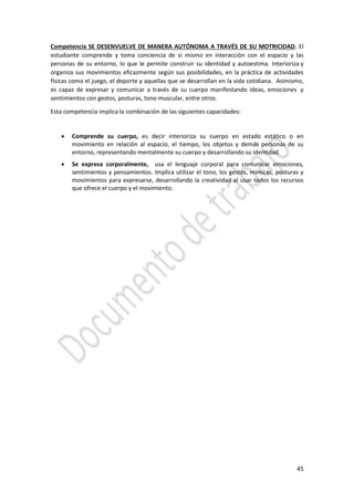 45
Competencia SE DESENVUELVE DE MANERA AUTÓNOMA A TRAVÉS DE SU MOTRICIDAD. El
estudiante comprende y toma conciencia de sí mismo en interacción con el espacio y las
personas de su entorno, lo que le permite construir su identidad y autoestima. Interioriza y
organiza sus movimientos eficazmente según sus posibilidades, en la práctica de actividades
físicas como el juego, el deporte y aquellas que se desarrollan en la vida cotidiana. Asimismo,
es capaz de expresar y comunicar a través de su cuerpo manifestando ideas, emociones y
sentimientos con gestos, posturas, tono muscular, entre otros.
Esta competencia implica la combinación de las siguientes capacidades:
 Comprende su cuerpo, es decir interioriza su cuerpo en estado estático o en
movimiento en relación al espacio, el tiempo, los objetos y demás personas de su
entorno, representando mentalmente su cuerpo y desarrollando su identidad.
 Se expresa corporalmente, usa el lenguaje corporal para comunicar emociones,
sentimientos y pensamientos. Implica utilizar el tono, los gestos, mímicas, posturas y
movimientos para expresarse, desarrollando la creatividad al usar todos los recursos
que ofrece el cuerpo y el movimiento.
 