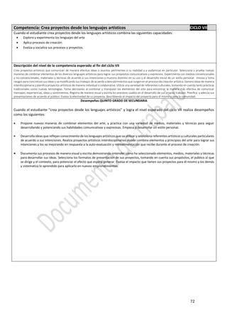 72
Competencia: Crea proyectos desde los lenguajes artísticos CICLO VII
Cuando el estudiante crea proyectos desde los lenguajes artísticos combina las siguientes capacidades:
 Explora y experimenta los lenguajes del arte
 Aplica procesos de creación.
 Evalúa y socializa sus procesos y proyectos.
Descripción del nivel de la competencia esperado al fin del ciclo VII
Crea proyectos artísticos que comunican de manera efectiva ideas o asuntos pertinentes a su realidad y a audiencias en particular. Selecciona y prueba nuevas
maneras de combinar elementos de los diversos lenguajes artísticos para lograr sus propósitos comunicativos y expresivos. Experimenta con medios convencionales
y no-convencionales, materiales y técnicas de acuerdo a sus intenciones y muestra dominio en su uso y el desarrollo inicial de un estilo personal. Innova y toma
riesgos para concretizar sus ideas y va modificando sus trabajos de acuerdo a descubrimientos que surgen en el proceso de creación artística. Genera ideas de manera
interdisciplinaria y planifica proyectos artísticos de manera individual o colaborativa. Utiliza una variedad de referentes culturales, tomando en cuenta tanto prácticas
tradicionales como nuevas tecnologías. Toma decisiones al combinar y manipular los elementos del arte para encontrar la manera más efectiva de comunicar
mensajes, experiencias, ideas y sentimientos. Registra de manera visual y escrita los procesos usados en el desarrollo de sus propios trabajos. Planifica y adecúa sus
presentaciones de acuerdo al público. Evalúa la efectividad de su proyecto, describiendo el impacto del proyecto para él mismo y para la comunidad.
Desempeños QUINTO GRADO DE SECUNDARIA
Cuando el estudiante “crea proyectos desde los lenguajes artísticos” y logra el nivel esperado del ciclo VII realiza desempeños
como los siguientes:
 Propone nuevas maneras de combinar elementos del arte, y practica con una variedad de medios, materiales y técnicas para seguir
desarrollando y potenciando sus habilidades comunicativas y expresivas. Empieza a desarrollar un estilo personal.
 Desarrolla ideas que reflejan conocimiento de los lenguajes artísticos que va utilizar y selecciona referentes artísticos y culturales particulares
de acuerdo a sus intenciones. Realiza proyectos artísticos interdisciplinarios donde combina elementos y principios del arte para lograr sus
intenciones y los va mejorando en respuesta a la auto-evaluación y retroalimentación que recibe durante el proceso de creación.
 Documenta sus procesos de manera visual y escrita demostrando entender cómo ha seleccionado elementos, medios, materiales y técnicas
para desarrollar sus ideas. Selecciona los formatos de presentación de sus proyectos, tomando en cuenta sus propósitos, el público al que
se dirige y el contexto, para potenciar el efecto que espera generar. Evalúa el impacto que tienen sus proyectos para él mismo y los demás
y sistematiza lo aprendido para aplicarlo en nuevos emprendimientos.
 