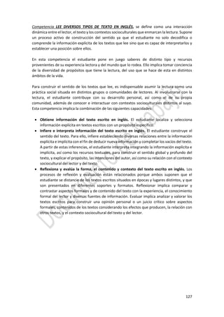 127
Competencia LEE DIVERSOS TIPOS DE TEXTO EN INGLÉS, se define como una interacción
dinámica entre el lector, el texto y los contextos socioculturales que enmarcan la lectura. Supone
un proceso activo de construcción del sentido ya que el estudiante no solo decodifica o
comprende la información explícita de los textos que lee sino que es capaz de interpretarlos y
establecer una posición sobre ellos.
En esta competencia el estudiante pone en juego saberes de distinto tipo y recursos
provenientes de su experiencia lectora y del mundo que lo rodea. Ello implica tomar conciencia
de la diversidad de propósitos que tiene la lectura, del uso que se hace de esta en distintos
ámbitos de la vida.
Para construir el sentido de los textos que lee, es indispensable asumir la lectura como una
práctica social situada en distintos grupos o comunidades de lectores. Al involucrarse con la
lectura, el estudiante contribuye con su desarrollo personal, así como el de su propia
comunidad, además de conocer e interactuar con contextos socioculturales distintos al suyo.
Esta competencia implica la combinación de las siguientes capacidades:
 Obtiene información del texto escrito en inglés. El estudiante localiza y selecciona
información explícita en textos escritos con un propósito específico.
 Infiere e interpreta información del texto escrito en inglés. El estudiante construye el
sentido del texto. Para ello, infiere estableciendo diversas relaciones entre la información
explícita e implícita con el fin de deducir nueva información y completar los vacíos del texto.
A partir de estas inferencias, el estudiante interpreta integrando la información explícita e
implícita, así como los recursos textuales, para construir el sentido global y profundo del
texto, y explicar el propósito, las intenciones del autor, así como su relación con el contexto
sociocultural del lector y del texto.
 Reflexiona y evalúa la forma, el contenido y contexto del texto escrito en inglés. Los
procesos de reflexión y evaluación están relacionados porque ambos suponen que el
estudiante se distancie de los textos escritos situados en épocas y lugares distintos, y que
son presentados en diferentes soportes y formatos. Reflexionar implica comparar y
contrastar aspectos formales y de contenido del texto con la experiencia, el conocimiento
formal del lector y diversas fuentes de información. Evaluar implica analizar y valorar los
textos escritos para construir una opinión personal o un juicio crítico sobre aspectos
formales, contenidos de los textos considerando los efectos que producen, la relación con
otros textos, y el contexto sociocultural del texto y del lector.
 