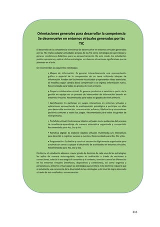 215
Orientaciones generales para desarrollar la competencia
Se desenvuelve en entornos virtuales generados por las
TIC
El desarrollo de la competencia transversal Se desenvuelve en entornos virtuales generados
por las TIC implica adaptar actividades propias de las TIC como estrategias de aprendizaje y
generar condiciones didácticas para su aprovechamiento. De este modo, los estudiantes
podrán apropiarse y aplicar dichas estrategias en diversas situaciones significativas que se
plantean en el aula.
Se recomiendan las siguientes estrategias:
• Mapeo de información: Es generar interactivamente una representación
gráfica o espacial de la comprensión de un tema utilizando bloques de
información. Pueden ser fácilmente visualizados y representan ideas esenciales.
Se modifica según cambia dicha comprensión o se ingresa información nueva.
Recomendado para todos los grados de nivel primario.
• Proyecto colaborativo virtual: Es generar productos o servicios a partir de la
gestión en equipo en un proceso de intercambio de información basado en
entornos virtuales. Recomendado para todos los grados de nivel primario.
• Gamificación: Es participar en juegos interactivos en entornos virtuales y
aplicaciones aprovechando la predisposición psicológica a participar en ellos
para desarrollar motivación, concentración, esfuerzo, fidelización y otros valores
positivos comunes a todos los juegos. Recomendado para todos los grados de
nivel primario.
• Portafolio virtual: Es almacenar objetos virtuales como evidencias del proceso
de enseñanza-aprendizaje de manera sistemática organizada y compartida.
Recomendado para 4to, 5to y 6to.
• Narrativa Digital: Es elaborar objetos virtuales multimedia y/o interactivos
para describir o registrar sucesos o eventos. Recomendado para 4to, 5to y 6to.
• Programación: Es diseñar y construir secuencias lógicamente organizadas para
automatizar tareas o apoyar el desarrollo de actividades en entornos virtuales.
Recomendado para 4to, 5to y 6to.
Conforme el estudiante adquiere mayor grado de dominio de cada una de las estrategias,
las aplica de manera autorregulada, mejora su realización a través de versiones o
correcciones, adecúa la estrategia al contenido y al contexto, toma en cuenta las diferencias
en los entornos virtuales (interfaces, dispositivos y conexiones), así como organiza y
personaliza su entorno virtual según las estrategias que prefiere. Este dominio requiere que
el estudiante sea consciente de la diversidad de las estrategias y del nivel de logro alcanzado
a través de sus resultados y consecuencias.
 