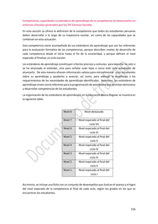 216
Competencia, capacidades y estándares de aprendizaje de la competencia Se desenvuelve en
entornos virtuales generados por las TIC Ciencias Sociales
En esta sección se ofrece la definición de la competencia que todos los estudiantes peruanos
deben desarrollar a lo largo de su trayectoria escolar, así como de las capacidades que se
combinan en esta actuación.
Esta competencia viene acompañada de sus estándares de aprendizaje que son los referentes
para la evaluación formativa de las competencias, porque describen niveles de desarrollo de
cada competencia desde el inicio hasta el fin de la escolaridad, y porque definen el nivel
esperado al finalizar un ciclo escolar.
Los estándares de aprendizaje constituyen criterios precisos y comunes para reportar no solo si
se ha alcanzado el estándar, sino para señalar cuán lejos o cerca está cada estudiante de
alcanzarlo. De esta manera ofrecen información valiosa para retroalimentar a los estudiantes
sobre su aprendizaje y ayudarlos a avanzar, así como, para adecuar la enseñanza a los
requerimientos de las necesidades de aprendizaje identificadas. Asimismo, los estándares de
aprendizaje sirven como referente para la programación de actividades que permitan demostrar
y desarrollar competencias de los estudiantes.
La organización de los estándares de aprendizajes en la Educación Básica Regular se muestra en
la siguiente tabla:
Nivel 8 Nivel destacado
Nivel 7 Nivel esperado al final del
ciclo VII
Nivel 6 Nivel esperado al final del
ciclo VI
Nivel 5 Nivel esperado al final del
ciclo V
Nivel 4 Nivel esperado al final del
ciclo IV
Nivel 3 Nivel esperado al final del
ciclo III
Nivel 2 Nivel esperado al final del
ciclo II
Nivel 1 Nivel esperado al final del
ciclo I
Así mismo, se incluye una ficha con un conjunto de desempeños que ilustran el avance y el logro
del nivel esperado de la competencia al final de cada ciclo, según los grados en los que se
encuentran los estudiantes.
 