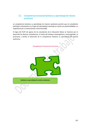 221
3.2. Competencia transversal Gestiona su aprendizaje de manera
autónoma
La competencia Gestiona su aprendizaje de manera autónoma permite que los estudiantes
participen activamente en el logro de aprendizajes tomando en cuenta sus potencialidades y a
organizarse por sí mismos frente a esta necesidad.
El logro del Perfil de egreso de los estudiantes de la Educación Básica se favorece por el
desarrollo de diversas competencias. A través del enfoque metacognitivo y autorregulado, se
promueve y facilita el desarrollo de la competencia Gestiona su aprendizaje de manera
autónoma.
Competencia Transversal a las áreas
Gestiona su aprendizaje de manera autónoma
 