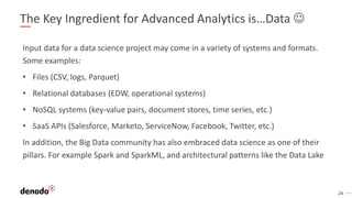 24
The Key Ingredient for Advanced Analytics is…Data ☺
Input data for a data science project may come in a variety of systems and formats.
Some examples:
• Files (CSV, logs, Parquet)
• Relational databases (EDW, operational systems)
• NoSQL systems (key-value pairs, document stores, time series, etc.)
• SaaS APIs (Salesforce, Marketo, ServiceNow, Facebook, Twitter, etc.)
In addition, the Big Data community has also embraced data science as one of their
pillars. For example Spark and SparkML, and architectural patterns like the Data Lake
 
