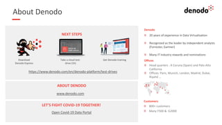 Customers
800+ customers
Many F500 & G2000
Offices
Head quarters : A Coruna (Spain) and Palo-Alto
California
Offices: Paris, Munich, London, Madrid, Dubai,
Riyahd …
Denodo
20 years of experience in Data Virtualisation
Recognized as the leader by independent analysts
(Forrester, Gartner)
Many IT Industry rewards and nominations
NEXT STEPS
Download
Denodo Express
Take a cloud test-
drive (1h)
Get Denodo training
ABOUT DENODO
https://www.denodo.com/en/denodo-platform/test-drives
www.denodo.com
LET’S FIGHT COVID-19 TOGETHER!
Open Covid-19 Data Portal
About Denodo
 