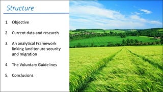 Structure
1. Objective
2. Current data and research
3. An analytical Framework
linking land tenure security
and migration
...