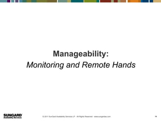 Manageability:
Monitoring and Remote Hands




    © 2011 SunGard Availability Services LP. - All Rights Reserved - www.sungardas.com   15
 