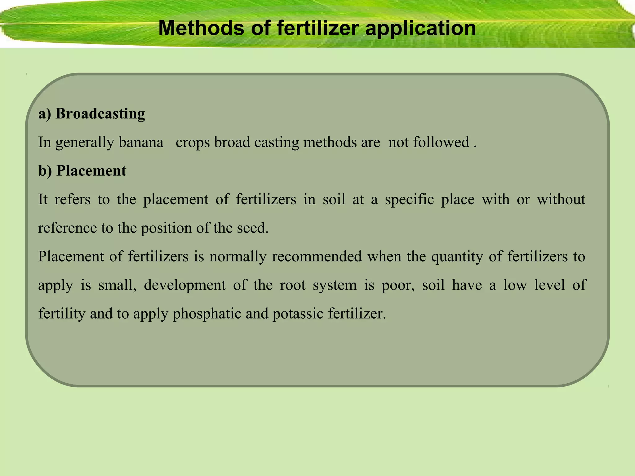 Methods of fertilizer application
a) Broadcasting
In generally banana crops broad casting methods are not followed .
b) Placement
It refers to the placement of fertilizers in soil at a specific place with or without
reference to the position of the seed.
Placement of fertilizers is normally recommended when the quantity of fertilizers to
apply is small, development of the root system is poor, soil have a low level of
fertility and to apply phosphatic and potassic fertilizer.
 