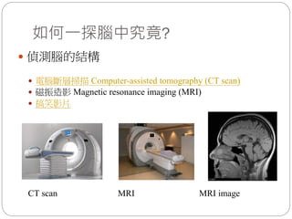 如何一探腦中究竟?
 偵測腦的結構
 電腦斷層掃描 Computer-assisted tomography (CT scan)
 磁振造影 Magnetic resonance imaging (MRI)
 搞笑影片
CT scan MRI MRI image
 