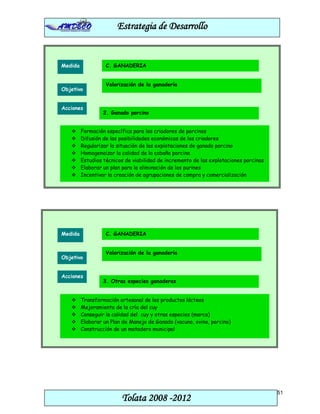 Estrategia de Desarrollo


Medida             C. GANADERIA


                   Valorización de la ganadería
Objetivo


Acciones
                  2. Ganado porcino


        Formación específica para los criadores de porcinos
        Difusión de las posibilidades económicas de los criadores
        Regularizar la situación de las explotaciones de ganado porcino
        Homogeneizar la calidad de la cabaña porcina
        Estudios técnicos de viabilidad de incremento de las explotaciones porcinas
        Elaborar un plan para la eliminación de los purines
        Incentivar la creación de agrupaciones de compra y comercialización




Medida             C. GANADERIA


                   Valorización de la ganadería
Objetivo


Acciones
                  3. Otras especies ganaderas


        Transformación artesanal de los productos lácteos
        Mejoramiento de la cría del cuy
        Conseguir la calidad del cuy y otras especies (marca)
        Elaborar un Plan de Manejo de Ganado (vacuno, ovino, porcino)
        Construcción de un matadero municipal




                                                                                       51
                         Tolata 2008 -2012
 