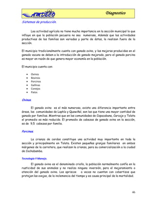Diagnostico
Sistemas de producción.

       Loa actividad agrícola no tiene mucha importancia en la sección municipal lo que
influye en que la población pecuaria no sea numerosa, Además que las actividades
productivas de las familias son variadas y parte de éstas, la realizan fuera de la
sección.

El municipio tradicionalmente cuenta con ganado ovino, y las mejoras producidas en el
ganado vacuno se deben a la introducción de ganado mejorado, pero el ganado porcino
es mayor en razón de que genera mayor economía en la población.

El municipio cuenta con:

   •   Ovinos
   •   Bovinos
   •   Porcinos
   •   Gallinas
   •   Conejos
   •   Patos

Ovinos.

       El ganado ovino es el más numeroso, existe una diferencia importante entre
áreas, las comunidades de Laphía y Quewiñal, son las que tiene una mayor cantidad de
ganado por familias. Mientras que en las comunidades de Copacabana, Carcaje y Tolata
el promedio es más reducido. El promedio de cabezas de ganado ovino en la sección,
es de 9,5 cabezas por familia.

Porcinos.

       La crianza de cerdos constituye una actividad muy importante en toda la
sección y principalmente en Tolata. Existen pequeñas granjas familiares en ambos
márgenes de la carretera, que realizan la crianza, para su comercialización a la ciudad
de Cochabamba.

Tecnología Y Manejo.
       El ganado ovino es el denominado criollo, la población normalmente confía en la
rusticidad de sus animales y no realiza ninguna inversión, para el mejoramiento o
atención del ganado ovino. Los apriscos        a veces no cuentan con cobertizos que
protejan las ovejas, de la inclemencia del tiempo y es causa principal de la mortalidad.




                                                                                     46
 