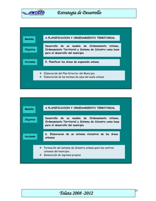 Estrategia de Desarrollo




Medida         A.PLANIFICACION Y ORDENAMIENTO TERRITORIAL


               Desarrollo de un modelo de Ordenamiento Urbano,
Objetivo       Ordenamiento Territorial y Sistema de Catastro como base
               para el desarrollo del municipio


Acciones       5. Planificar las áreas de expansión urbana



            Elaboración del Plan Director del Municipio
            Elaboración de las normas de usos del suelo urbano




Medida         A.PLANIFICACION Y ORDENAMIENTO TERRITORIAL


               Desarrollo de un modelo de Ordenamiento Urbano,
Objetivo
               Ordenamiento Territorial y Sistema de Catastro como base
               para el desarrollo del municipio


               6. Elaboracion de un sistema Catastral de las áreas
Acciones       urbanas



            Formación del sistema de Catastro urbano para los centros
             urbanos del municipio.
            Generación de ingresos propios




                                                                          31
                           Tolata 2008 -2012
 