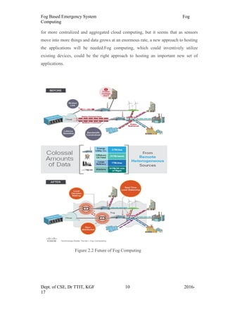 Fog Based Emergency System Fog
Computing
for more centralized and aggregated cloud computing, but it seems that as sensors
move into more things and data grows at an enormous rate, a new approach to hosting
the applications will be needed.Fog computing, which could inventively utilize
existing devices, could be the right approach to hosting an important new set of
applications.
Figure 2.2 Future of Fog Computing
Dept. of CSE, Dr TTIT, KGF 10 2016-
17
 
