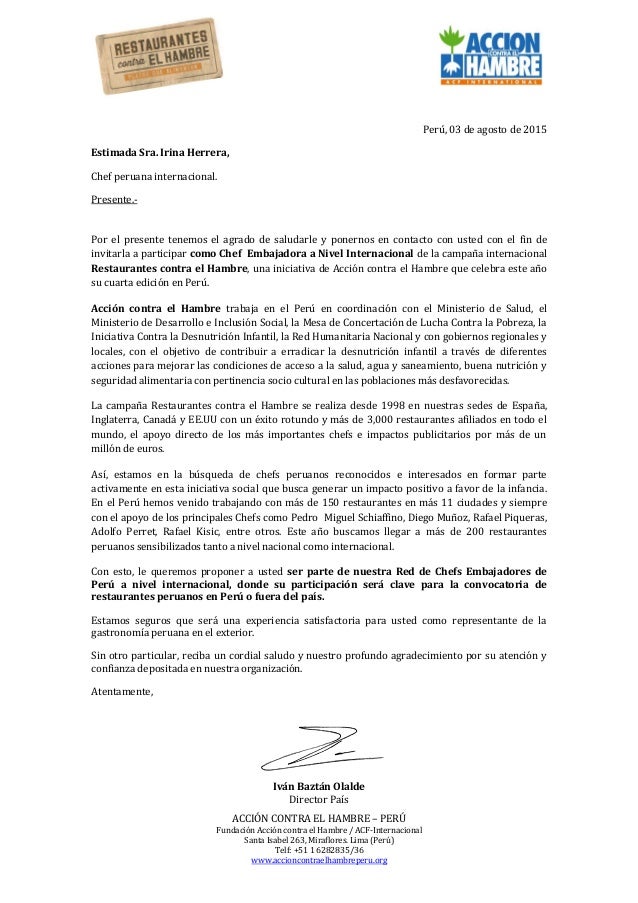 Carta Invitación Chef Embajadora Internacional Irina C 