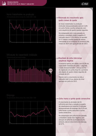 Indicadores Industriais 
ISSN 1983-621X • Ano 16 • Número 7 • Julho de 2014 
Retomada do crescimento após 
quatro meses de queda 
Resultado de julho interrompe 
sequência negativa 
Julho marca a quinta queda consecutiva 
Horas trabalhadas na produção 
Utilização da capacidade instalada 
Emprego 
As horas trabalhadas na produção 
(indicador dessazonalizado) subiram 2,6% 
em julho frente a junho, rompendo com 
uma sequência de quatro quedas seguidas. 
Na comparação com o ano passado, no 
entanto, o resultado ainda é negativo. O 
indicador atual é 2,3% inferior ao apurado 
há 12 meses e mostra queda de mesma 
intensidade ao se comparar os primeiros sete 
meses de 2014 com igual período de 2013. 
A indústria operou, em média, com 81,0% da 
capacidade instalada em julho — segundo 
o dado dessazonalizado —, 0,6 p.p. acima 
do registrado em junho. Essa foi a primeira 
alta depois de quatro meses seguidos de 
retração da UCI. 
Mesmo com o crescimento no mês, o 
indicador está 1,4 p.p. abaixo do nível 
apurado em julho de 2013. 
O crescimento da atividade não foi 
suficiente para frear a redução no quadro 
de trabalhadores da indústria. O indicador 
dessazonalizado de emprego caiu 0,2% em 
julho frente a junho, marcando a quinta 
queda consecutiva. 
Na comparação com julho do ano passado, 
o resultado é ainda mais negativo, com 
retração de 0,6%. No acumulado do ano, 
contudo, nota-se crescimento do emprego, 
de 0,7%. 
Dessazonalizado (Índice de base fixa: média 2006 = 100) 
Dessazonalizado (percentual médio) 
Dessazonalizado (Índice de base fixa: média 2006 = 100) 
81% 
 