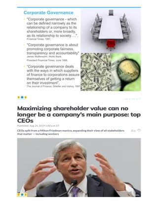 Corporate Governance
• "Corporate governance - which
can be defined narrowly as the
relationship of a company to its
shareholders or, more broadly,
as its relationship to society….",
Financial Times, 1997.
• "Corporate governance is about
promoting corporate fairness,
transparency and accountability"
James Wolfensohn, World Bank,
President Financial Times, June 1999.
• “Corporate governance deals
with the ways in which suppliers
of finance to corporations assure
themselves of getting a return
on their investment”,
The Journal of Finance, Shleifer and Vishny, 1997.
© Copyright 2021 by Peter Aiken Slide # 17
https://plusanythingawesome.com
© Copyright 2021 by Peter Aiken Slide # 18
https://plusanythingawesome.com
https://plusanythingawesome.com
 