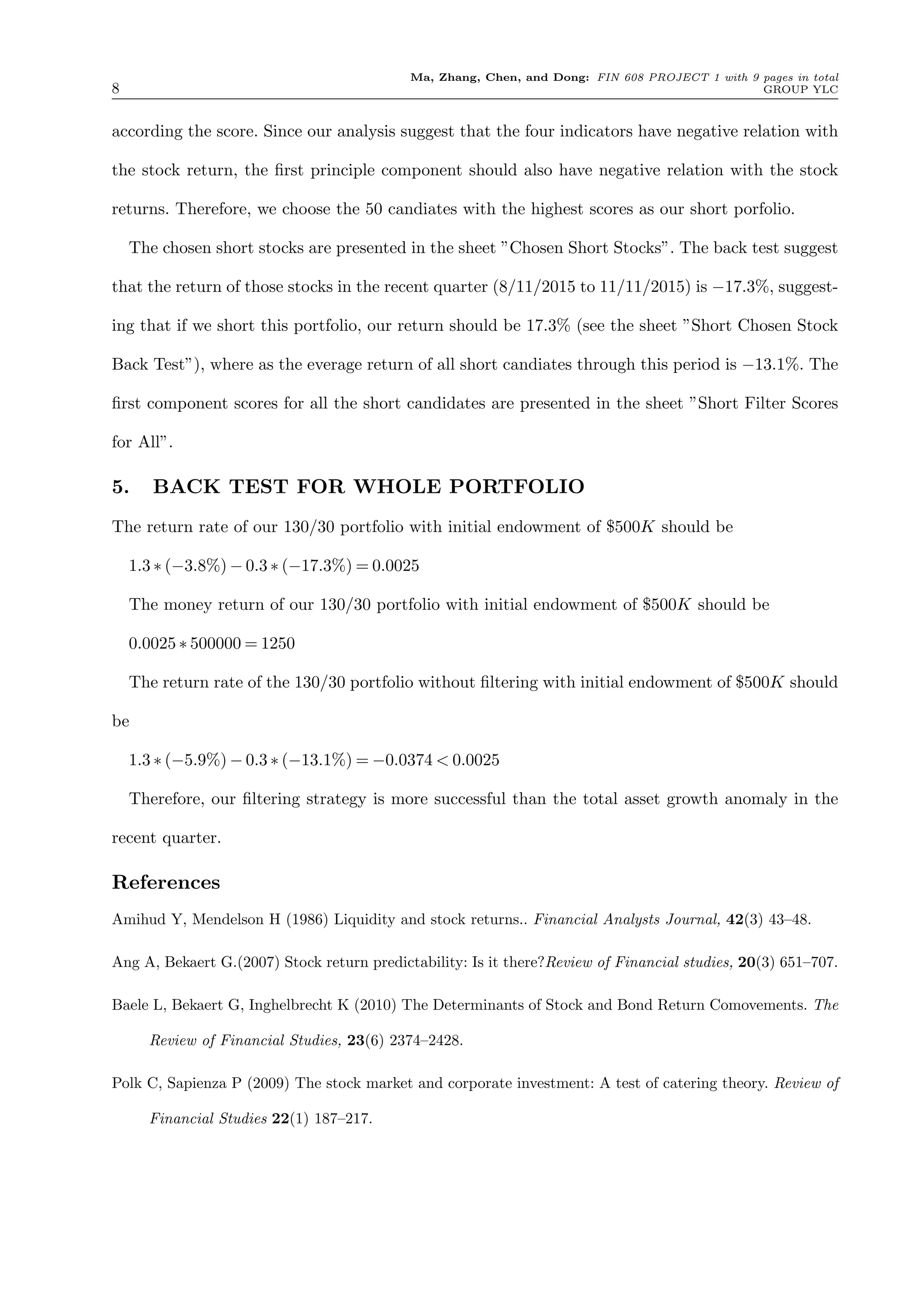 Ma, Zhang, Chen, and Dong: FIN 608 PROJECT 1 with 9 pages in total
8 GROUP YLC
according the score. Since our analysis suggest that the four indicators have negative relation with
the stock return, the ﬁrst principle component should also have negative relation with the stock
returns. Therefore, we choose the 50 candiates with the highest scores as our short porfolio.
The chosen short stocks are presented in the sheet ”Chosen Short Stocks”. The back test suggest
that the return of those stocks in the recent quarter (8/11/2015 to 11/11/2015) is 17.3%, suggest-
ing that if we short this portfolio, our return should be 17.3% (see the sheet ”Short Chosen Stock
Back Test”), where as the everage return of all short candiates through this period is 13.1%. The
ﬁrst component scores for all the short candidates are presented in the sheet ”Short Filter Scores
for All”.
5. BACK TEST FOR WHOLE PORTFOLIO
The return rate of our 130/30 portfolio with initial endowment of $500K should be
1.3 ⇤ ( 3.8%) 0.3 ⇤ ( 17.3%) = 0.0025
The money return of our 130/30 portfolio with initial endowment of $500K should be
0.0025 ⇤ 500000 = 1250
The return rate of the 130/30 portfolio without ﬁltering with initial endowment of $500K should
be
1.3 ⇤ ( 5.9%) 0.3 ⇤ ( 13.1%) = 0.0374 < 0.0025
Therefore, our ﬁltering strategy is more successful than the total asset growth anomaly in the
recent quarter.
References
Amihud Y, Mendelson H (1986) Liquidity and stock returns.. Financial Analysts Journal, 42(3) 43–48.
Ang A, Bekaert G.(2007) Stock return predictability: Is it there?Review of Financial studies, 20(3) 651–707.
Baele L, Bekaert G, Inghelbrecht K (2010) The Determinants of Stock and Bond Return Comovements. The
Review of Financial Studies, 23(6) 2374–2428.
Polk C, Sapienza P (2009) The stock market and corporate investment: A test of catering theory. Review of
Financial Studies 22(1) 187–217.
 