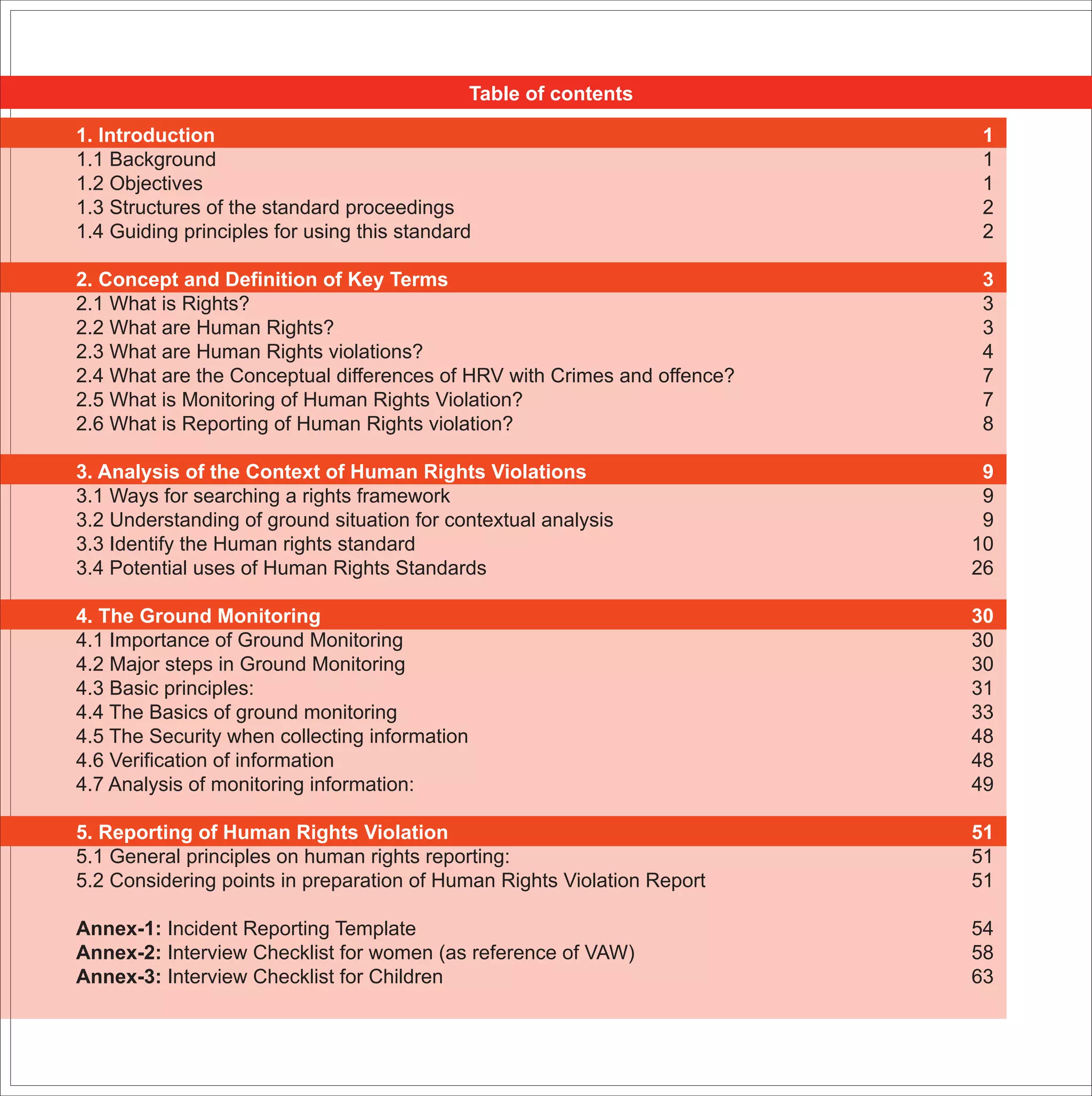 1. Introduction 1
1.1 Background 1
1.2 Objectives 1
1.3 Structures of the standard proceedings 2
1.4 Guiding principles for using this standard 2
2. Concept and Definition of Key Terms 3
2.1 What is Rights? 3
2.2 What are Human Rights? 3
2.3 What are Human Rights violations? 4
2.4 What are the Conceptual differences of HRV with Crimes and offence? 7
2.5 What is Monitoring of Human Rights Violation? 7
2.6 What is Reporting of Human Rights violation? 8
3. Analysis of the Context of Human Rights Violations 9
3.1 Ways for searching a rights framework 9
3.2 Understanding of ground situation for contextual analysis 9
3.3 Identify the Human rights standard 10
3.4 Potential uses of Human Rights Standards 26
4. The Ground Monitoring 30
4.1 Importance of Ground Monitoring 30
4.2 Major steps in Ground Monitoring 30
4.3 Basic principles: 31
4.4 The Basics of ground monitoring 33
4.5 The Security when collecting information 48
4.6 Verification of information 48
4.7 Analysis of monitoring information: 49
5. Reporting of Human Rights Violation 51
5.1 General principles on human rights reporting: 51
5.2 Considering points in preparation of Human Rights Violation Report 51
Annex-1: Incident Reporting Template 54
Annex-2: Interview Checklist for women (as reference of VAW) 58
Annex-3: Interview Checklist for Children 63
Table of contents
 
