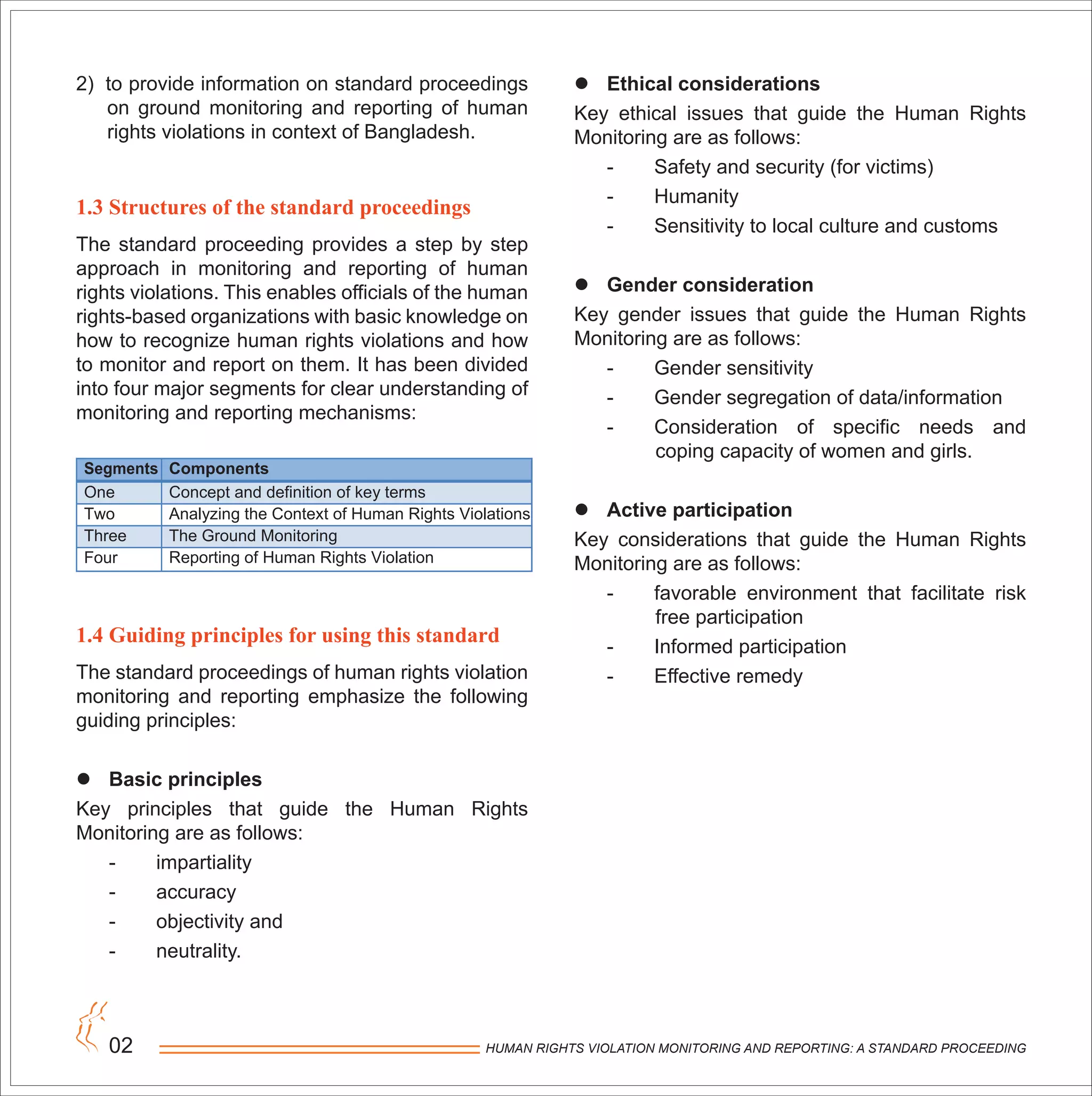 HUMAN RIGHTS VIOLATION MONITORING AND REPORTING: A STANDARD PROCEEDING02
2) to provide information on standard proceedings
on ground monitoring and reporting of human
rights violations in context of Bangladesh.
1.3 Structures of the standard proceedings
The standard proceeding provides a step by step
approach in monitoring and reporting of human
rights violations. This enables officials of the human
rights-based organizations with basic knowledge on
how to recognize human rights violations and how
to monitor and report on them. It has been divided
into four major segments for clear understanding of
monitoring and reporting mechanisms:
1.4 Guiding principles for using this standard
The standard proceedings of human rights violation
monitoring and reporting emphasize the following
guiding principles:
 Basic principles
Key principles that guide the Human Rights
Monitoring are as follows:
- impartiality
- accuracy
- objectivity and
- neutrality.
Segments Components
One Concept and definition of key terms
Two Analyzing the Context of Human Rights Violations
Three The Ground Monitoring
Four Reporting of Human Rights Violation
 Ethical considerations
Key ethical issues that guide the Human Rights
Monitoring are as follows:
- Safety and security (for victims)
- Humanity
- Sensitivity to local culture and customs
 Gender consideration
Key gender issues that guide the Human Rights
Monitoring are as follows:
- Gender sensitivity
- Gender segregation of data/information
- Consideration of specific needs and
coping capacity of women and girls.
 Active participation
Key considerations that guide the Human Rights
Monitoring are as follows:
- favorable environment that facilitate risk
free participation
- Informed participation
- Effective remedy
 