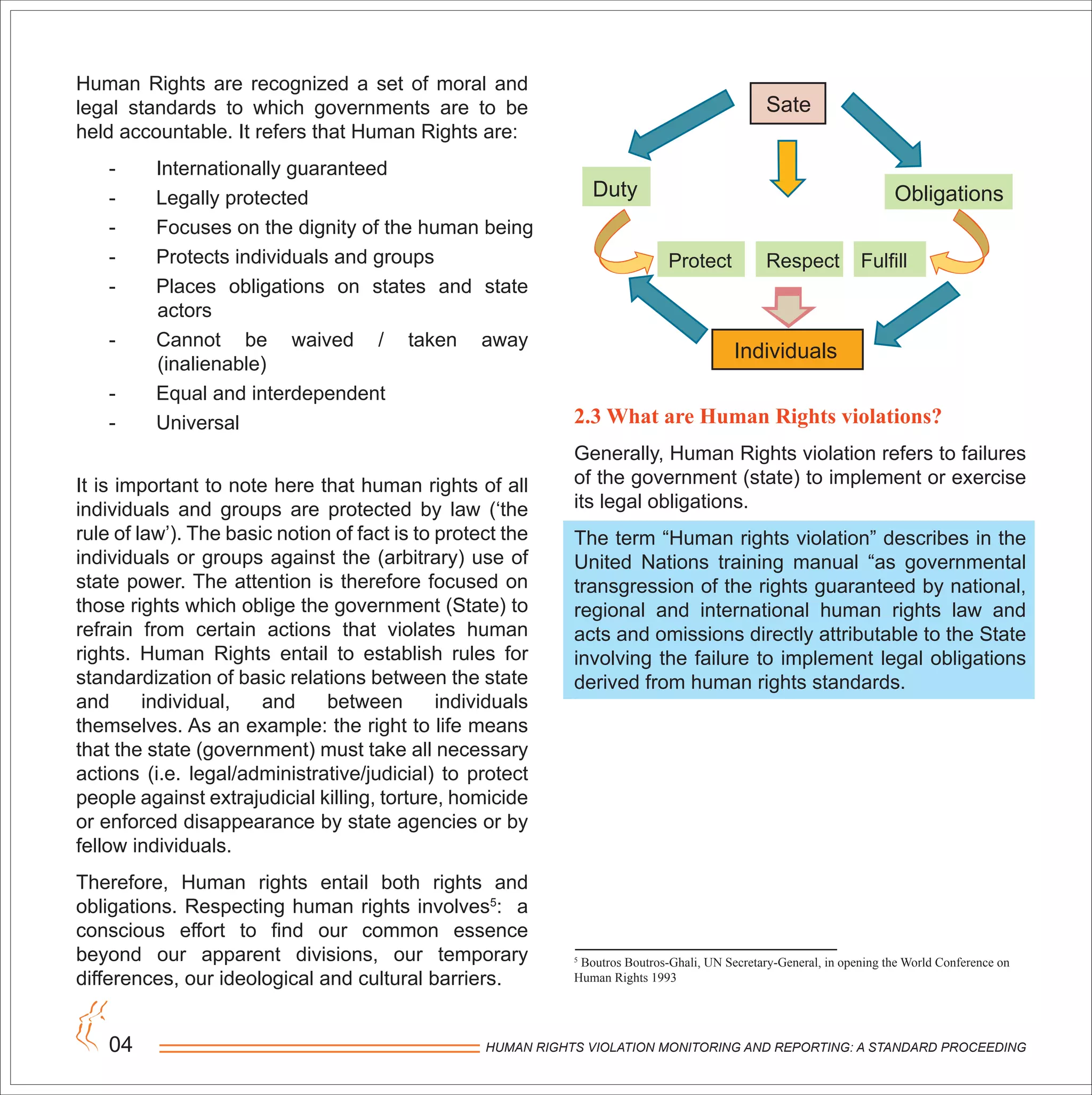 HUMAN RIGHTS VIOLATION MONITORING AND REPORTING: A STANDARD PROCEEDING04
Human Rights are recognized a set of moral and
legal standards to which governments are to be
held accountable. It refers that Human Rights are:
- Internationally guaranteed
- Legally protected
- Focuses on the dignity of the human being
- Protects individuals and groups
- Places obligations on states and state
actors
- Cannot be waived / taken away
(inalienable)
- Equal and interdependent
- Universal
It is important to note here that human rights of all
individuals and groups are protected by law (‘the
rule of law’). The basic notion of fact is to protect the
individuals or groups against the (arbitrary) use of
state power. The attention is therefore focused on
those rights which oblige the government (State) to
refrain from certain actions that violates human
rights. Human Rights entail to establish rules for
standardization of basic relations between the state
and individual, and between individuals
themselves. As an example: the right to life means
that the state (government) must take all necessary
actions (i.e. legal/administrative/judicial) to protect
people against extrajudicial killing, torture, homicide
or enforced disappearance by state agencies or by
fellow individuals.
Therefore, Human rights entail both rights and
obligations. Respecting human rights involves5
: a
conscious effort to find our common essence
beyond our apparent divisions, our temporary
differences, our ideological and cultural barriers.
2.3 What are Human Rights violations?
Generally, Human Rights violation refers to failures
of the government (state) to implement or exercise
its legal obligations.
The term “Human rights violation” describes in the
United Nations training manual “as governmental
transgression of the rights guaranteed by national,
regional and international human rights law and
acts and omissions directly attributable to the State
involving the failure to implement legal obligations
derived from human rights standards.
5
Boutros Boutros-Ghali, UN Secretary-General, in opening the World Conference on
Human Rights 1993
Sate
Duty
Protect Respect Fulfill
Individuals
Obligations
 