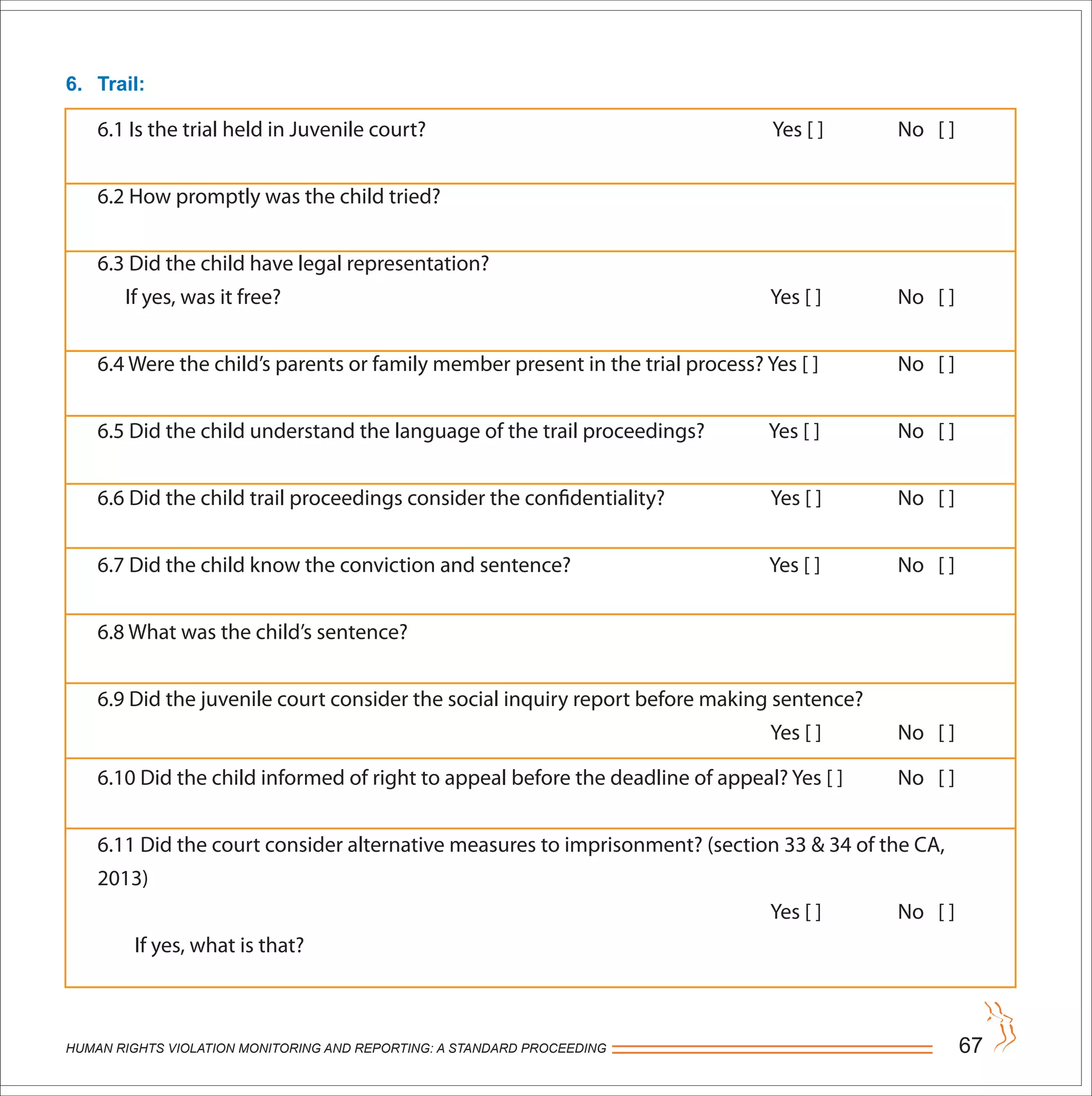 HUMAN RIGHTS VIOLATION MONITORING AND REPORTING: A STANDARD PROCEEDING 67
6. Trail:
6.1 Is the trial held in Juvenile court? Yes [ ] No [ ]
6.2 How promptly was the child tried?
6.3 Did the child have legal representation?
If yes, was it free? Yes [ ] No [ ]
6.4 Were the child’s parents or family member present in the trial process? Yes [ ] No [ ]
6.5 Did the child understand the language of the trail proceedings? Yes [ ] No [ ]
6.6 Did the child trail proceedings consider the confidentiality? Yes [ ] No [ ]
6.7 Did the child know the conviction and sentence? Yes [ ] No [ ]
6.8 What was the child’s sentence?
6.9 Did the juvenile court consider the social inquiry report before making sentence?
Yes [ ] No [ ]
6.10 Did the child informed of right to appeal before the deadline of appeal? Yes [ ] No [ ]
6.11 Did the court consider alternative measures to imprisonment? (section 33 & 34 of the CA,
2013)
Yes [ ] No [ ]
If yes, what is that?
 