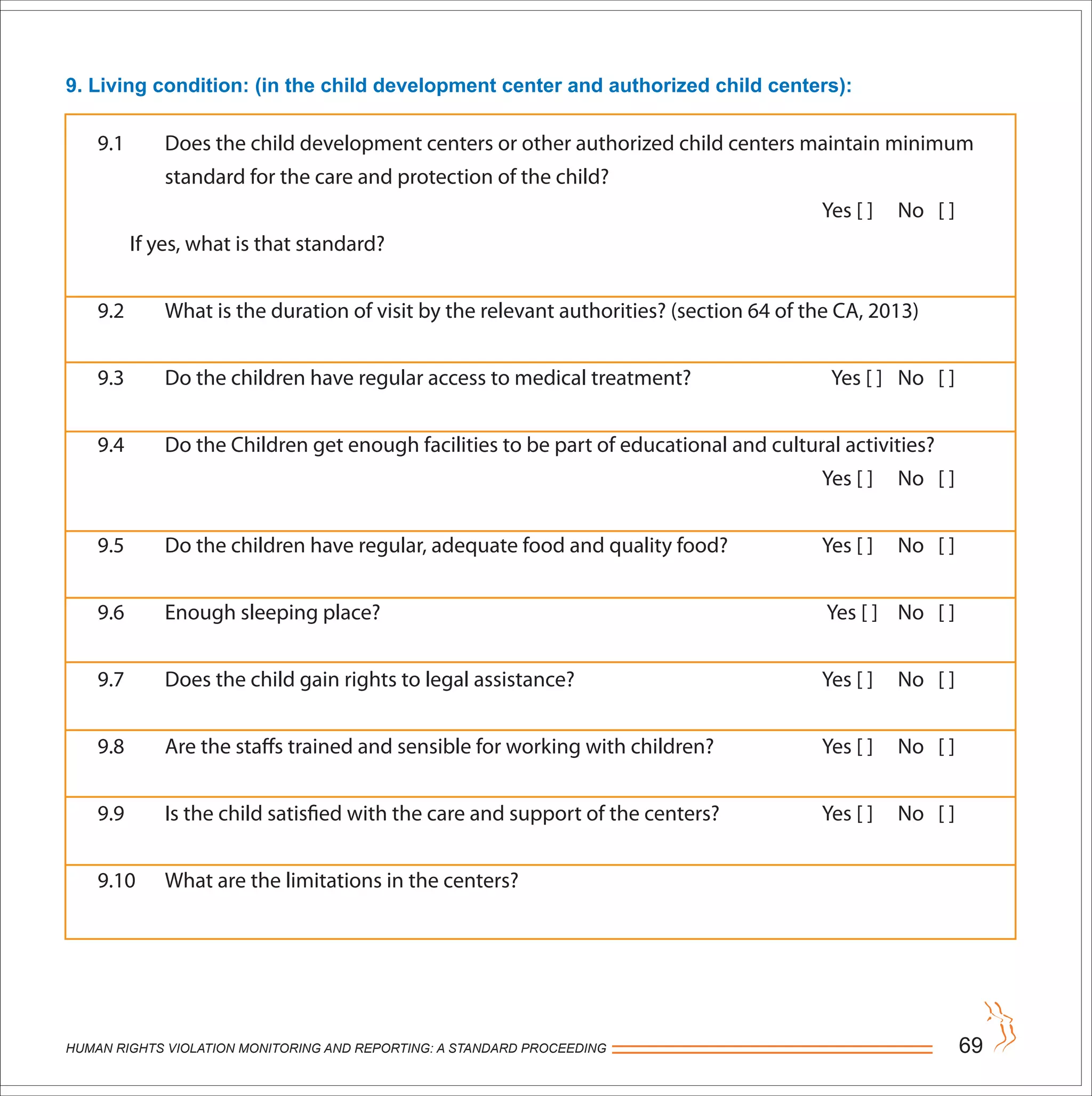 HUMAN RIGHTS VIOLATION MONITORING AND REPORTING: A STANDARD PROCEEDING 69
9. Living condition: (in the child development center and authorized child centers):
9.1 Does the child development centers or other authorized child centers maintain minimum
standard for the care and protection of the child?
Yes [ ] No [ ]
If yes, what is that standard?
9.2 What is the duration of visit by the relevant authorities? (section 64 of the CA, 2013)
9.3 Do the children have regular access to medical treatment? Yes [ ] No [ ]
9.4 Do the Children get enough facilities to be part of educational and cultural activities?
Yes [ ] No [ ]
9.5 Do the children have regular, adequate food and quality food? Yes [ ] No [ ]
9.6 Enough sleeping place? Yes [ ] No [ ]
9.7 Does the child gain rights to legal assistance? Yes [ ] No [ ]
9.8 Are the staffs trained and sensible for working with children? Yes [ ] No [ ]
9.9 Is the child satisfied with the care and support of the centers? Yes [ ] No [ ]
9.10 What are the limitations in the centers?
 