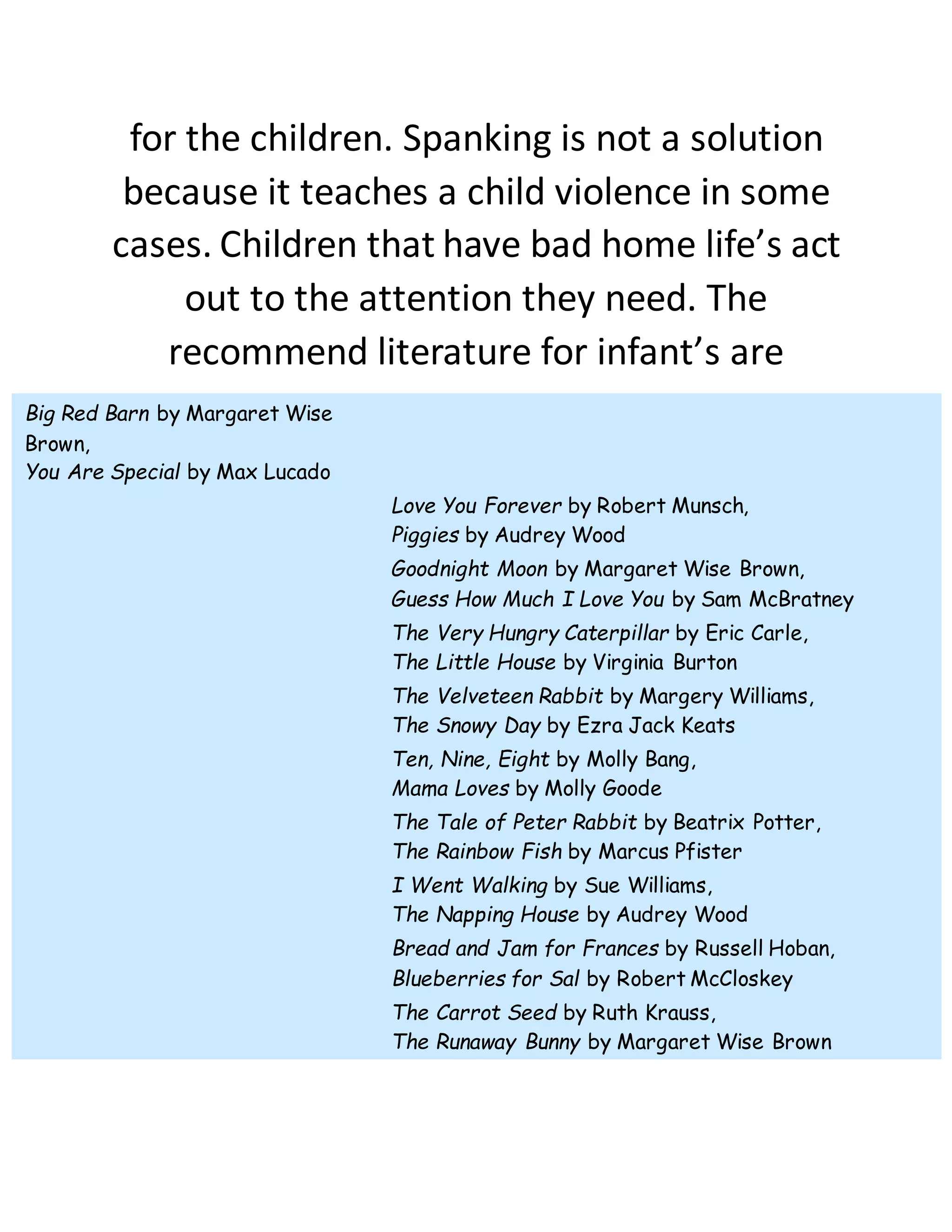 for the children. Spanking is not a solution
because it teaches a child violence in some
cases. Children that have bad home life’s act
out to the attention they need. The
recommend literature for infant’s are
Big Red Barn by Margaret Wise
Brown,
You Are Special by Max Lucado
Love You Forever by Robert Munsch,
Piggies by Audrey Wood
Goodnight Moon by Margaret Wise Brown,
Guess How Much I Love You by Sam McBratney
The Very Hungry Caterpillar by Eric Carle,
The Little House by Virginia Burton
The Velveteen Rabbit by Margery Williams,
The Snowy Day by Ezra Jack Keats
Ten, Nine, Eight by Molly Bang,
Mama Loves by Molly Goode
The Tale of Peter Rabbit by Beatrix Potter,
The Rainbow Fish by Marcus Pfister
I Went Walking by Sue Williams,
The Napping House by Audrey Wood
Bread and Jam for Frances by Russell Hoban,
Blueberries for Sal by Robert McCloskey
The Carrot Seed by Ruth Krauss,
The Runaway Bunny by Margaret Wise Brown
 