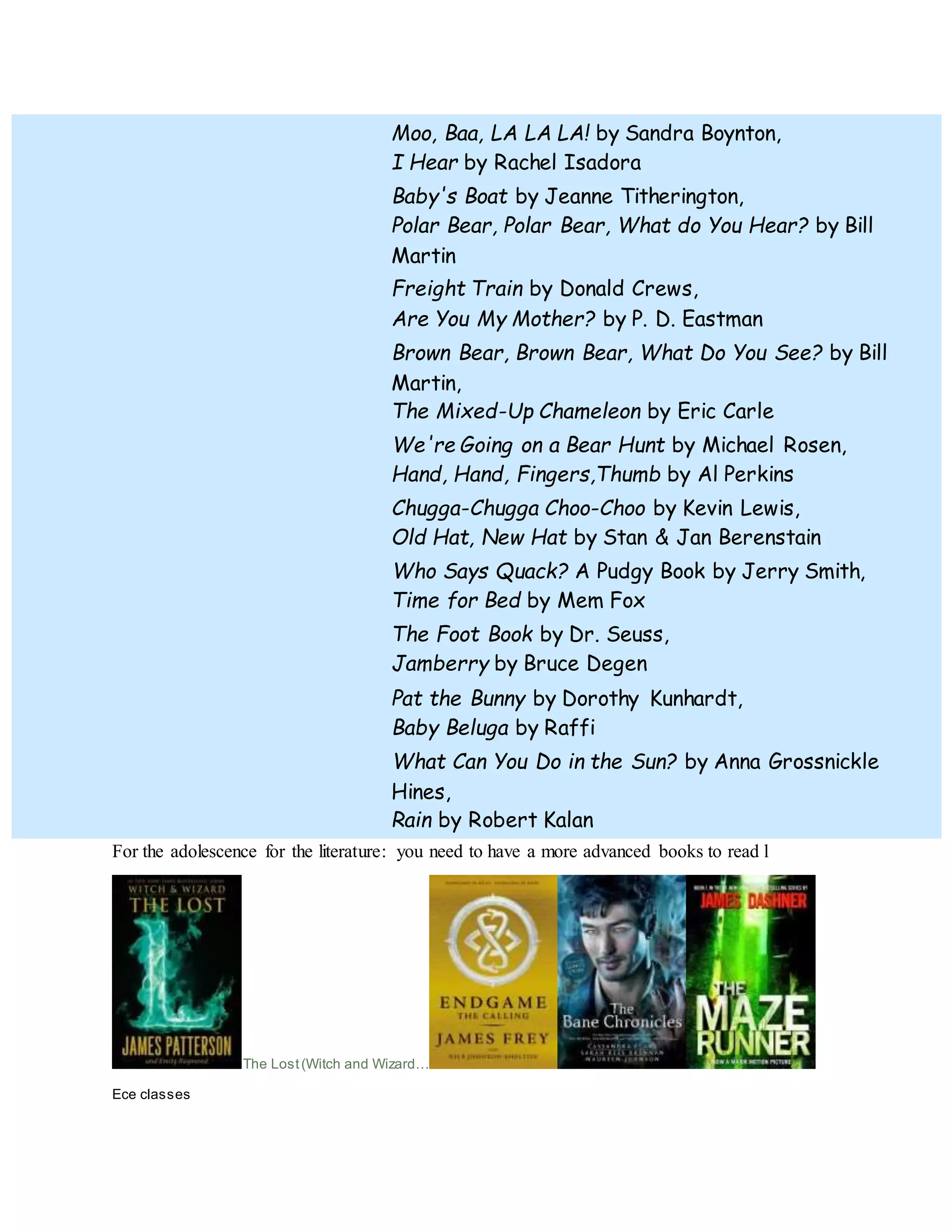 Moo, Baa, LA LA LA! by Sandra Boynton,
I Hear by Rachel Isadora
Baby's Boat by Jeanne Titherington,
Polar Bear, Polar Bear, What do You Hear? by Bill
Martin
Freight Train by Donald Crews,
Are You My Mother? by P. D. Eastman
Brown Bear, Brown Bear, What Do You See? by Bill
Martin,
The Mixed-Up Chameleon by Eric Carle
We're Going on a Bear Hunt by Michael Rosen,
Hand, Hand, Fingers,Thumb by Al Perkins
Chugga-Chugga Choo-Choo by Kevin Lewis,
Old Hat, New Hat by Stan & Jan Berenstain
Who Says Quack? A Pudgy Book by Jerry Smith,
Time for Bed by Mem Fox
The Foot Book by Dr. Seuss,
Jamberry by Bruce Degen
Pat the Bunny by Dorothy Kunhardt,
Baby Beluga by Raffi
What Can You Do in the Sun? by Anna Grossnickle
Hines,
Rain by Robert Kalan
For the adolescence for the literature: you need to have a more advanced books to read l
The Lost(Witch and Wizard…
Ece classes
 
