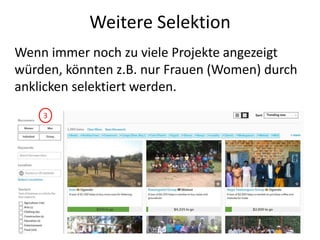 Weitere Selektion
Wenn immer noch zu viele Projekte angezeigt
würden, könnten z.B. nur Frauen (Women) durch
anklicken selektiert werden.
3
 