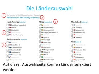 Die Länderauswahl
Auf dieser Auswahlseite können Länder selektiert
werden.
1
2
3
4
5
 