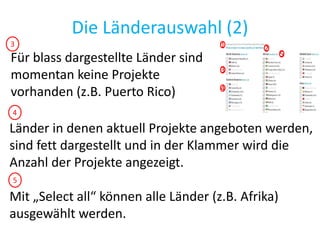 Die Länderauswahl (2)
Für blass dargestellte Länder sind
momentan keine Projekte
vorhanden (z.B. Puerto Rico)
1 2
3
4
5
3
4
Länder in denen aktuell Projekte angeboten werden,
sind fett dargestellt und in der Klammer wird die
Anzahl der Projekte angezeigt.
Mit „Select all“ können alle Länder (z.B. Afrika)
ausgewählt werden.
5
 