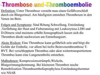 Definition: Unter Thrombose versteht man einen Gefäßverschluß
durch ein Blutgerinsel. Am häufigsten entstehen Thrombosen in den
Venen im Bein.
Folgen und Symptome: Sind Rötung Schwellung, Entzündung
,Verfärbung der Haut und Fieberanstieg mit Leukozytose.LDH und
D-Dimere sind meistens erhöht.Sonographisch lassen sich die
Thromben direkt nachweisen am Entstehungsort.
Akute Risiken: Eine Thrombose kann gefährlich sein und birgt die
Gefahr der Embolie, vor allem bei tiefre Beinvenenthrombose T-
BVT. Bei verschlepptem Thrombus oder akut weitertransportiertem
Thrombus kann eine Lungenembolie entstehen.
Maßnahmen: Kompressionsstrümpfe,Wickeln,
Blutgerinnungshemmung. Bei kleineren Thromben rasche
Remobilisation.Thromboembolieprophylaxe.Entzündungshemmer
wie NSAR
 