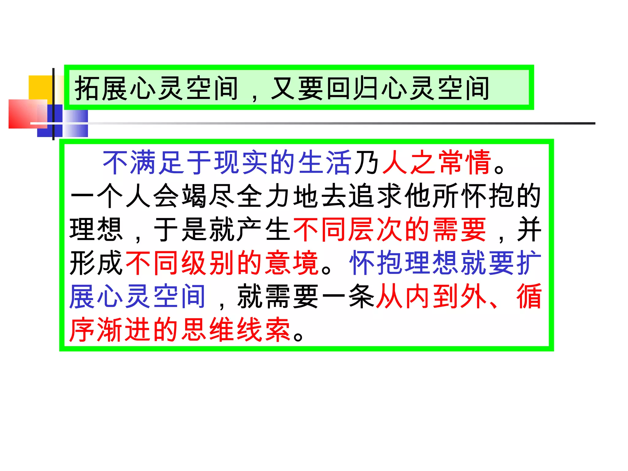 拓展心灵空间，又要回归心灵空间 不满足于现实的生活 乃 人之常情 。一个人会竭尽全力地去追求他所怀抱的理想，于是就产生 不同层次的需要 ，并形成 不同级别的意境 。 怀抱理想就要扩展心灵空间 ，就需要一条 从内到外、循序渐进的思维线索 。 