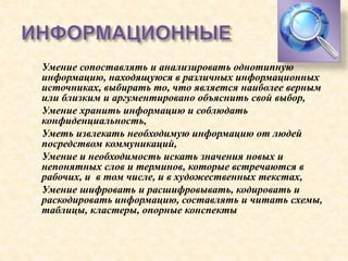  Умение сопоставлять и анализировать однотипную
информацию, находящуюся в различных информационных
источниках, выбирать то, что является наиболее верным
или близким и аргументировано объяснить свой выбор,
 Умение хранить информацию и соблюдать
конфиденциальность,
 Уметь извлекать необходимую информацию от людей
посредством коммуникаций,
 Умение и необходимость искать значения новых и
непонятных слов и терминов, которые встречаются в
рабочих, и в том числе, и в художественных текстах,
 Умение шифровать и расшифровывать, кодировать и
раскодировать информацию, составлять и читать схемы,
таблицы, кластеры, опорные конспекты
 