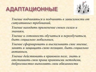  Умение подчиняться и подчинять в зависимости от
ситуативных требований,
 Умение находить применение своим силам и
знаниям,
 Умение и готовность обучаться и переобучаться,
быть социально мобильным,
 Умение сформировать и высказывать свое мнение,
занять и защищать свою позицию, быть социально
активным,
 Умение действовать в правовом поле, знать и
отстаивать свои права правовыми методами,
добросовестно выполнять свои обязанности.
 