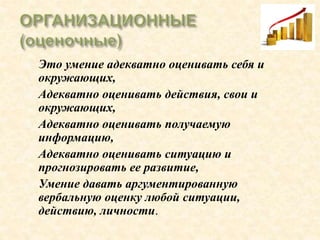  Это умение адекватно оценивать себя и
окружающих,
 Адекватно оценивать действия, свои и
окружающих,
 Адекватно оценивать получаемую
информацию,
 Адекватно оценивать ситуацию и
прогнозировать ее развитие,
 Умение давать аргументированную
вербальную оценку любой ситуации,
действию, личности.
 