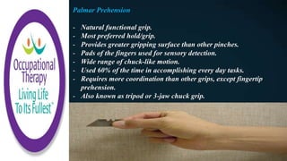 Palmar Prehension
- Natural functional grip.
- Most preferred hold/grip.
- Provides greater gripping surface than other pinches.
- Pads of the fingers used for sensory detection.
- Wide range of chuck-like motion.
- Used 60% of the time in accomplishing every day tasks.
- Requires more coordination than other grips, except fingertip
prehension.
- Also known as tripod or 3-jaw chuck grip.
 