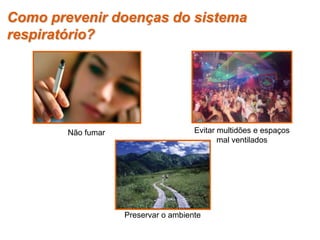Como prevenir doenças do sistema
respiratório?
Não fumar Evitar multidões e espaços
mal ventilados
Preservar o ambiente
 