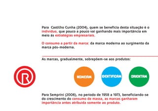 Para Castilho Cunha (2004), quem se beneficia desta situação é o
indivíduo, que pouco a pouco vai ganhando mais importância em
meio às estratégias empresariais.

O consumo a partir da marca: da marca moderna ao surgimento da
marca pós-moderna.


As marcas, gradualmente, sobrepõem-se aos produtos:




                     nomeiam        identificam       orientam



Para Semprini (2006), no período de 1958 a 1973, beneficiando-se
do crescimento do consumo de massa, as marcas ganharam
importância antes atribuída somente ao produto.
 