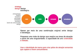 strategy
             design design
                    estratégico
          antropologia
               história
             heráldica
            psicologia
                           visão            ações          expressão       experiÊncia
            marketing
             semiótica
teoria da comunicação
                design




                      Operar por meio de uma combinação original entre design
                      e estratégia..xxxxxxxxxxxxxxxxxxxxxxxxxxxxxxxxxxxxxxxxx

                      Propomos uma visão do design que amplia sua áreas de atuação
                      a partir de uma singularidade: a capacidade de unir criativdade
                      e método.



                      Usar a identidade de marca para criar pólos de atração sensoriais
                      que captem e fixem consumidores
 