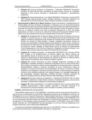 Lunes 3 de octubre de 2016 DIARIO OFICIAL (Segunda Sección) 15
 Categoría 04: Servicios Auxiliares de Diagnóstico y Tratamiento $350,000.00 (Trescientos
cincuenta mil pesos 00/100 M.N.) Laboratorios de Salud Pública, Centros de Transfusión
Sanguínea y otros servicios orientados a complementar el diagnóstico o procedimientos
terapéuticos.
 Categoría 05: Áreas Administrativas y de Calidad $300,000.00 (Trescientos mil pesos 00/100
M.N.) Unidades organizacionales, locales, estatales, regionales o nacionales, dedicadas a la
administración de recursos financieros, bienes muebles e inmuebles y recursos humanos.
 Reconocimiento al Mérito por la Mejora Continua: Otorga financiamiento a Establecimientos de
Atención Médica, Servicios Auxiliares de Diagnóstico y Tratamiento, así como Áreas Administrativas
y de Calidad de las instituciones públicas del Sistema Nacional de Salud que habiendo participado en
la emisión 2015 del Premio Nacional de Calidad en Salud obtengan el mayor incremento en puntos
dentro de su categoría, tomando como base la evaluación alcanzada en el 2015. Se entrega
estipulándose con base en convenios de colaboración debidamente formalizados (ANEXO 11.2), a
efecto de que sean transferidos los recursos correspondientes, de acuerdo a lo siguiente:
 Categoría 01: Establecimientos de Atención Médica de Primer Nivel de Atención en la que se
otorgará un reconocimiento por un monto de $100,000.00 (Cien mil pesos 00/100 M.N.). Esta
categoría considera la participación de las Unidades de Consulta Externa, Unidades de Atención
Primaria, los Centros de Salud Rurales y Urbanos, Hospitales Comunitarios, Centros de
Servicios de Especialidades (Unidades Médicas Especializadas en Salud; Centros de Atención
para Pacientes con Infecciones de Transmisión Sexual o VIH-Sida; Centros de Atención Primaria
en Adicciones; Centros Integrales de Salud Mental, Centros de Atención de Enfermedades
Crónico Degenerativas y a los Centros de Detección y Diagnóstico de Cáncer de Mama) o sus
similares en las diversas instituciones públicas del Sistema Nacional de Salud.
 Categoría 02: Hospitales Generales y de Especialidad $100,000.00 (Cien mil pesos 00/100
M.N.) Dirigida a los Establecimientos de Atención Médica que ofrecen servicios de
especialidades básicas de servicios de salud, con capacidad resolutiva en medicina familiar,
urgencias y padecimientos de alta prevalencia que requieren de servicios de medicina interna,
cirugía general, traumatología, gineco-obstetricia, pediatría y geriatría.
 Categoría 03: Institutos Nacionales de Salud, Hospitales Regionales, Hospitales de Alta
Especialidad, Hospitales Federales de Referencia $100,000.00 (Cien mil pesos 00/100 M.N.)
Que considera a los servicios médicos de alta especialidad que comprenden para su operación
subespecialidades médicas e incorporan tecnologías de punta, infraestructura, equipo de
avanzada y se ocupa de la formación de sub-especialistas. Se incluye a la docencia, el trabajo
académico y de investigación, asociada a la función asistencial, incorpora aspectos innovadores
al interior de las disciplinas existentes. Esta categoría agrupa a los Hospitales Regionales de
Alta Especialidad, Hospitales Regionales, Hospitales Centrales, Hospitales Generales de
Referencia, Establecimientos de Atención Médica de Alta Especialidad y Centros Médicos.
 Categoría 04: Servicios Auxiliares de Diagnóstico y Tratamiento $100,000.00 (Cien mil pesos
00/100 M.N.) Laboratorios de Salud Pública, Centros de Transfusión Sanguínea y otros servicios
orientados a complementar el diagnóstico o procedimientos terapéuticos.
 Categoría 05: Áreas Administrativas y de Calidad $100,000.00 (Cien mil pesos 00/100 M.N.)
Unidades organizacionales, locales, estatales, regionales o nacionales, dedicadas a la
administración de recursos financieros, bienes muebles e inmuebles y recursos humanos.
CUARTA.- REINTEGRO DE LOS RECURSOS
“LAS PARTES” deberán ejercer “LOS SUBSIDIOS” a más tardar el último día del ejercicio fiscal 2016, en
caso de que al 31 de diciembre no se encuentren devengados en términos de lo señalado por el artículo 176
del Reglamento de la Ley Federal de Presupuesto y Responsabilidad Hacendaria y conforme a lo establecido
en el artículo 54 de la Ley Federal de Presupuesto y Responsabilidad Hacendaria, “LOS SUBSIDIOS” junto
con sus rendimientos financieros deberán ser reintegrados a la Tesorería de la Federación, a más tardar en
los siguientes 15 días naturales al cierre del ejercicio. En este sentido, “LA ENTIDAD” a través de “EL OPD”
deberá comprobar que “LOS SUBSIDIOS” han sido devengados, en la forma y términos establecidos en el
presente instrumento y en las “REGLAS DE OPERACIÓN”.
Los recursos se entenderán devengados para cada una de “LAS PARTES” conforme a lo establecido por
la Ley Federal de Presupuesto y Responsabilidad Hacendaria y su Reglamento.
 