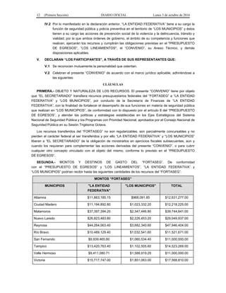 12 (Primera Sección) DIARIO OFICIAL Lunes 3 de octubre de 2016
IV.2 Por lo manifestado en la declaración anterior, “LA ENTIDAD FEDERATIVA” tiene a su cargo la
función de seguridad pública y policía preventiva en el territorio de “LOS MUNICIPIOS” y éstos
tienen a su cargo las acciones de prevención social de la violencia y la delincuencia, tránsito y
vialidad; por la que ambos órdenes de gobierno, el ámbito de su competencia y funciones que
realicen, ejercerán los recursos y cumplirán las obligaciones previstas en el "PRESUPUESTO
DE EGRESOS", “LOS LINEAMIENTOS", el “CONVENIO”, su Anexo Técnico, y demás
disposiciones aplicables.
V. DECLARAN “LOS PARTICIPANTES”, A TRAVÉS DE SUS REPRESENTANTES QUE:
V.1 Se reconocen mutuamente la personalidad que ostentan.
V.2 Celebran el presente “CONVENIO” de acuerdo con el marco jurídico aplicable, adhiriéndose a
las siguientes:
CLÁUSULAS
PRIMERA.- OBJETO Y NATURALEZA DE LOS RECURSOS. El presente “CONVENIO” tiene por objeto
que “EL SECRETARIADO” transfiera recursos presupuestarios federales del “FORTASEG” a “LA ENTIDAD
FEDERATIVA” y “LOS MUNICIPIOS”, por conducto de la Secretaría de Finanzas de “LA ENTIDAD
FEDERATIVA”, con la finalidad de fortalecer el desempeño de sus funciones en materia de seguridad pública
que realizan en “LOS MUNICIPIOS”, de conformidad con lo dispuesto por el artículo 8 del “PRESUPUESTO
DE EGRESOS”, y atender las políticas y estrategias establecidas en los Ejes Estratégicos del Sistema
Nacional de Seguridad Pública y los Programas con Prioridad Nacional, aprobados por el Consejo Nacional de
Seguridad Pública en su Sesión Trigésima Octava.
Los recursos transferidos del “FORTASEG” no son regularizables, son parcialmente concursables y no
pierden el carácter federal al ser transferidos y por ello “LA ENTIDAD FEDERATIVA” y “LOS MUNICIPIOS”
liberan a “EL SECRETARIADO” de la obligación de ministrarlos en ejercicios fiscales subsecuentes, aun y
cuando los requieran para complementar las acciones derivadas del presente “CONVENIO”, o para cubrir
cualquier otro concepto vinculado con el objeto del mismo, conforme lo previsto en el “PRESUPUESTO
DE EGRESOS”.
SEGUNDA.- MONTOS Y DESTINOS DE GASTO DEL “FORTASEG”. De conformidad
con el “PRESUPUESTO DE EGRESOS” y “LOS LINEAMIENTOS”, “LA ENTIDAD FEDERATIVA” y
“LOS MUNICIPIOS” podrían recibir hasta las siguientes cantidades de los recursos del “FORTASEG”:
MONTOS “FORTASEG”
MUNICIPIOS "LA ENTIDAD
FEDERATIVA"
"LOS MUNICIPIOS" TOTAL
Altamira $11,663,185.15 $968,091.85 $12,631,277.00
Ciudad Madero $11,194,892.80 $1,023,332.20 $12,218,225.00
Matamoros $37,397,394.20 $2,347,446.80 $39,744,841.00
Nuevo Laredo $26,823,483.80 $2,226,453.20 $29,049,937.00
Reynosa $44,264,063.40 $3,682,340.60 $47,946,404.00
Río Bravo $10,489,129.40 $1,032,541.60 $11,521,671.00
San Fernando $9,939,465.60 $1,060,534.40 $11,000,000.00
Tampico $13,420,763.40 $1,102,505.60 $14,523,269.00
Valle Hermoso $9,411,080.71 $1,588,919.29 $11,000,000.00
Victoria $15,717,747.00 $1,851,063.00 $17,568,810.00
 