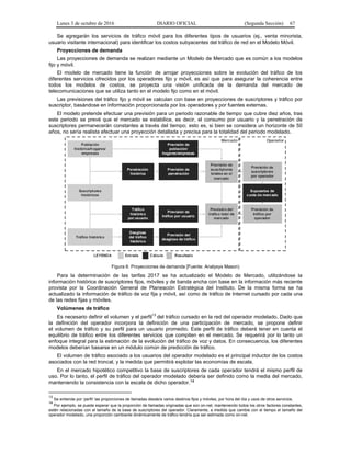 Lunes 3 de octubre de 2016 DIARIO OFICIAL (Segunda Sección) 67
Se agregarán los servicios de tráfico móvil para los diferentes tipos de usuarios (ej., venta minorista,
usuario visitante internacional) para identificar los costos subyacentes del tráfico de red en el Modelo Móvil.
Proyecciones de demanda
Las proyecciones de demanda se realizan mediante un Modelo de Mercado que es común a los modelos
fijo y móvil.
El modelo de mercado tiene la función de arrojar proyecciones sobre la evolución del tráfico de los
diferentes servicios ofrecidos por los operadores fijo y móvil, es así que para asegurar la coherencia entre
todos los modelos de costos, se proyecta una visión unificada de la demanda del mercado de
telecomunicaciones que se utiliza tanto en el modelo fijo como en el móvil.
Las previsiones del tráfico fijo y móvil se calculan con base en proyecciones de suscriptores y tráfico por
suscriptor, basándose en información proporcionada por los operadores y por fuentes externas.
El modelo pretende efectuar una previsión para un periodo razonable de tiempo que cubre diez años, tras
este periodo se prevé que el mercado se estabilice, es decir, el consumo por usuario y la penetración de
suscriptores permanecerán constantes a través del tiempo; esto es, si bien se considera un horizonte de 50
años, no sería realista efectuar una proyección detallada y precisa para la totalidad del periodo modelado.
Previsión de
penetración
Previsión de
suscriptores
por operador
Población
histórica/hogares/
empresas
Supuestos de
cuota de mercado
Previsión de
suscriptores
totales en el
mercado
Penetración
histórica
Suscriptores
históricos
Previsión de
población/
hogares/empresas
Previsión del
trafico total de
mercado
Previsión de
tráfico por
operador
Previsión de
tráfico por usuario
Tráfico
histórico
por usuario
Tráfico histórico
Previsión del
desglose de tráfico
Desglose
del tráfico
histórico
Mercado Operador
Entrada Cálculo ResultadoLEYENDA
Figura 6: Proyecciones de demanda [Fuente: Analysys Mason)
Para la determinación de las tarifas 2017 se ha actualizado el Modelo de Mercado, utilizándose la
información histórica de suscriptores fijos, móviles y de banda ancha con base en la información más reciente
provista por la Coordinación General de Planeación Estratégica del Instituto. De la misma forma se ha
actualizado la información de tráfico de voz fija y móvil, así como de tráfico de Internet cursado por cada una
de las redes fijas y móviles.
Volúmenes de tráfico
Es necesario definir el volumen y el perfil
13
del tráfico cursado en la red del operador modelado. Dado que
la definición del operador incorpora la definición de una participación de mercado, se propone definir
el volumen de tráfico y su perfil para un usuario promedio. Este perfil de tráfico deberá tener en cuenta el
equilibrio de tráfico entre los diferentes servicios que compiten en el mercado. Se requerirá por lo tanto un
enfoque integral para la estimación de la evolución del tráfico de voz y datos. En consecuencia, los diferentes
modelos deberían basarse en un módulo común de predicción de tráfico.
El volumen de tráfico asociado a los usuarios del operador modelado es el principal inductor de los costos
asociados con la red troncal, y la medida que permitirá explotar las economías de escala.
En el mercado hipotético competitivo la base de suscriptores de cada operador tendrá el mismo perfil de
uso. Por lo tanto, el perfil de tráfico del operador modelado debería ser definido como la media del mercado,
manteniendo la consistencia con la escala de dicho operador.14
13
Se entiende por ‘perfil’ las proporciones de llamadas desde/a varios destinos fijos y móviles, por hora del día y usos de otros servicios.
14
Por ejemplo, se puede esperar que la proporción de llamadas originadas que son on-net, manteniendo todos los otros factores constantes,
estén relacionadas con el tamaño de la base de suscriptores del operador. Claramente, a medida que cambie con el tiempo el tamaño del
operador modelado, una proporción cambiante dinámicamente de tráfico tendría que ser estimada como on-net.
 