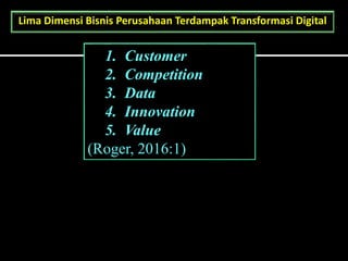 1. Customer
2. Competition
3. Data
4. Innovation
5. Value
(Roger, 2016:1)
Lima Dimensi Bisnis Perusahaan Terdampak Transformasi Digital
 
