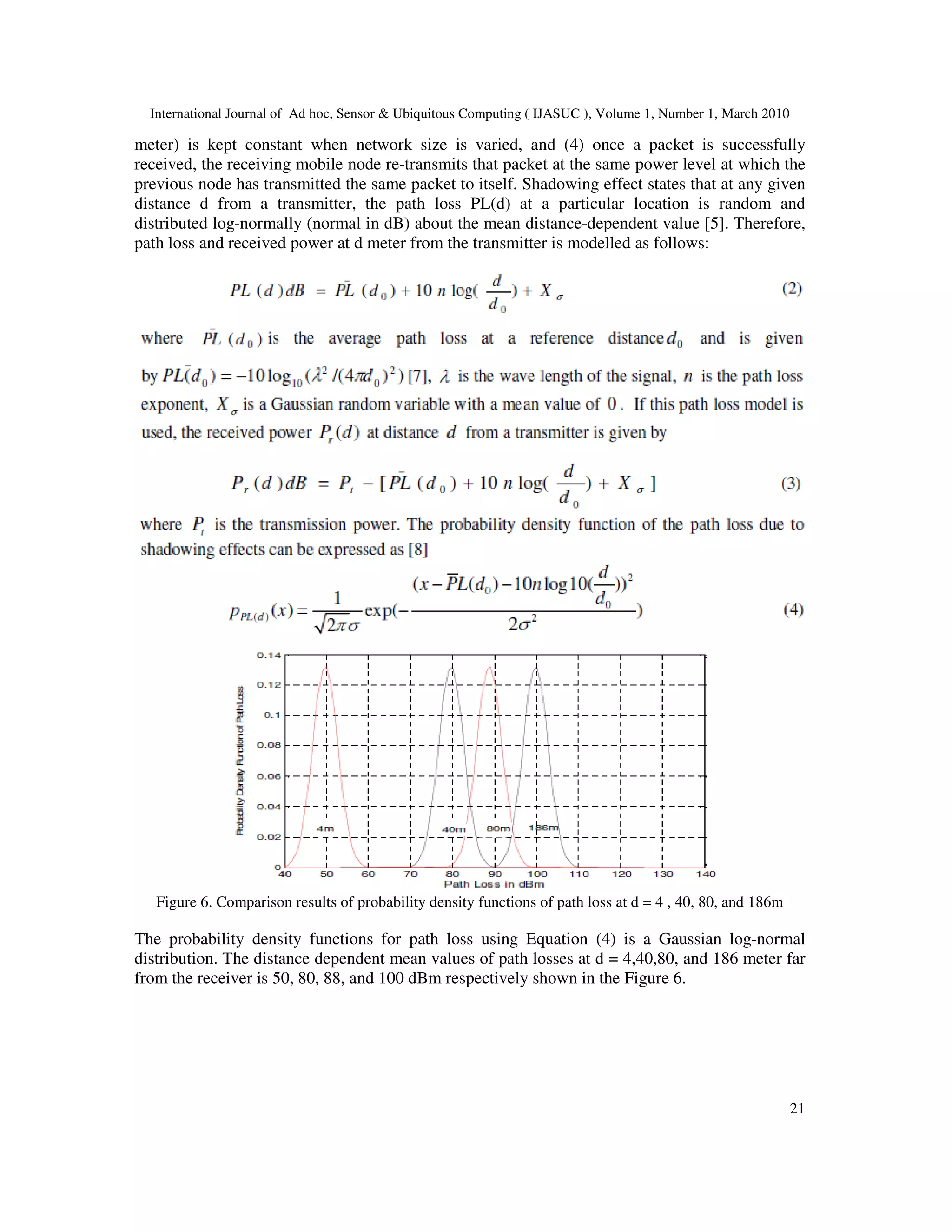 International Journal of Ad hoc, Sensor & Ubiquitous Computing ( IJASUC ), Volume 1, Number 1, March 2010
21
meter) is kept constant when network size is varied, and (4) once a packet is successfully
received, the receiving mobile node re-transmits that packet at the same power level at which the
previous node has transmitted the same packet to itself. Shadowing effect states that at any given
distance d from a transmitter, the path loss PL(d) at a particular location is random and
distributed log-normally (normal in dB) about the mean distance-dependent value [5]. Therefore,
path loss and received power at d meter from the transmitter is modelled as follows:
Figure 6. Comparison results of probability density functions of path loss at d = 4 , 40, 80, and 186m
The probability density functions for path loss using Equation (4) is a Gaussian log-normal
distribution. The distance dependent mean values of path losses at d = 4,40,80, and 186 meter far
from the receiver is 50, 80, 88, and 100 dBm respectively shown in the Figure 6.
 