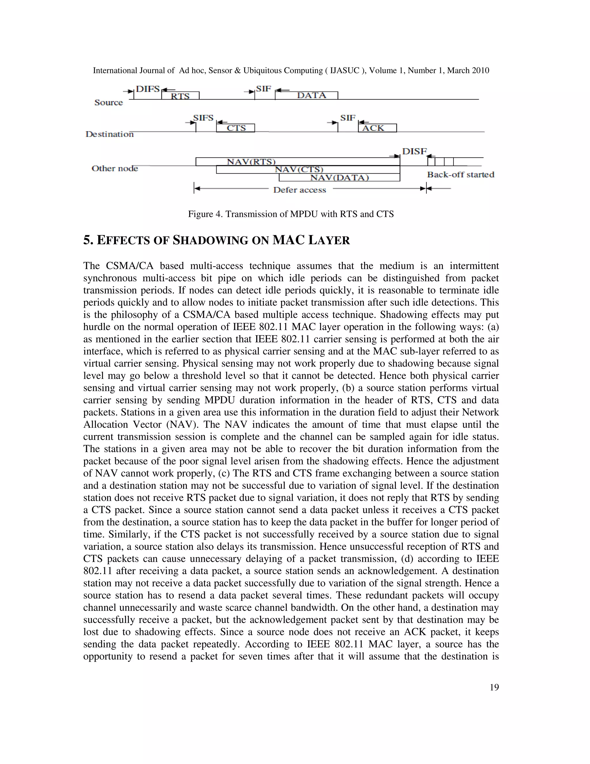 International Journal of Ad hoc, Sensor & Ubiquitous Computing ( IJASUC ), Volume 1, Number 1, March 2010
19
Figure 4. Transmission of MPDU with RTS and CTS
5. EFFECTS OF SHADOWING ON MAC LAYER
The CSMA/CA based multi-access technique assumes that the medium is an intermittent
synchronous multi-access bit pipe on which idle periods can be distinguished from packet
transmission periods. If nodes can detect idle periods quickly, it is reasonable to terminate idle
periods quickly and to allow nodes to initiate packet transmission after such idle detections. This
is the philosophy of a CSMA/CA based multiple access technique. Shadowing effects may put
hurdle on the normal operation of IEEE 802.11 MAC layer operation in the following ways: (a)
as mentioned in the earlier section that IEEE 802.11 carrier sensing is performed at both the air
interface, which is referred to as physical carrier sensing and at the MAC sub-layer referred to as
virtual carrier sensing. Physical sensing may not work properly due to shadowing because signal
level may go below a threshold level so that it cannot be detected. Hence both physical carrier
sensing and virtual carrier sensing may not work properly, (b) a source station performs virtual
carrier sensing by sending MPDU duration information in the header of RTS, CTS and data
packets. Stations in a given area use this information in the duration field to adjust their Network
Allocation Vector (NAV). The NAV indicates the amount of time that must elapse until the
current transmission session is complete and the channel can be sampled again for idle status.
The stations in a given area may not be able to recover the bit duration information from the
packet because of the poor signal level arisen from the shadowing effects. Hence the adjustment
of NAV cannot work properly, (c) The RTS and CTS frame exchanging between a source station
and a destination station may not be successful due to variation of signal level. If the destination
station does not receive RTS packet due to signal variation, it does not reply that RTS by sending
a CTS packet. Since a source station cannot send a data packet unless it receives a CTS packet
from the destination, a source station has to keep the data packet in the buffer for longer period of
time. Similarly, if the CTS packet is not successfully received by a source station due to signal
variation, a source station also delays its transmission. Hence unsuccessful reception of RTS and
CTS packets can cause unnecessary delaying of a packet transmission, (d) according to IEEE
802.11 after receiving a data packet, a source station sends an acknowledgement. A destination
station may not receive a data packet successfully due to variation of the signal strength. Hence a
source station has to resend a data packet several times. These redundant packets will occupy
channel unnecessarily and waste scarce channel bandwidth. On the other hand, a destination may
successfully receive a packet, but the acknowledgement packet sent by that destination may be
lost due to shadowing effects. Since a source node does not receive an ACK packet, it keeps
sending the data packet repeatedly. According to IEEE 802.11 MAC layer, a source has the
opportunity to resend a packet for seven times after that it will assume that the destination is
 