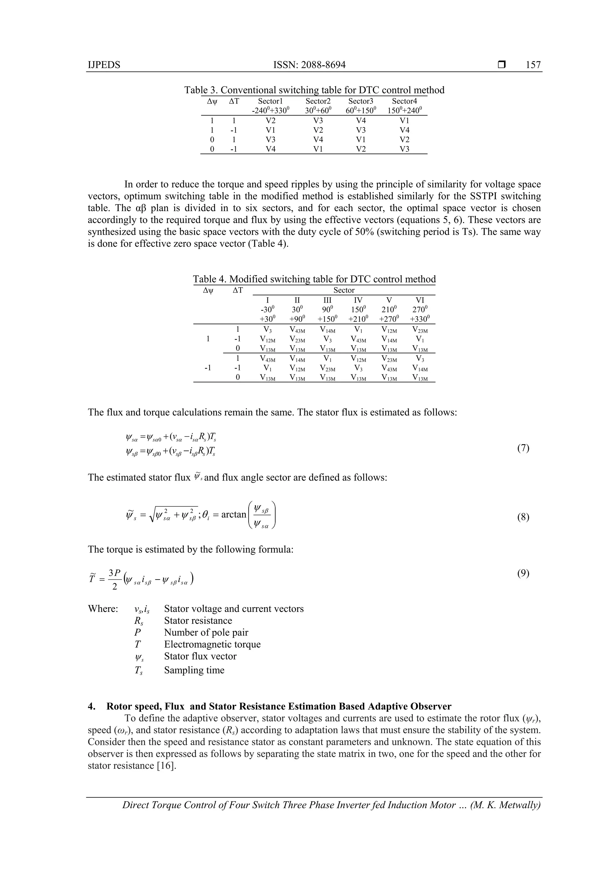 IJPEDS ISSN: 2088-8694 
Direct Torque Control of Four Switch Three Phase Inverter fed Induction Motor … (M. K. Metwally)
157
Table 3. Conventional switching table for DTC control method
Δψ ΔT Sector1
-2400
+3300
Sector2
300
+600
Sector3
600
+1500
Sector4
1500
+2400
1 1 V2 V3 V4 V1
1 -1 V1 V2 V3 V4
0 1 V3 V4 V1 V2
0 -1 V4 V1 V2 V3
In order to reduce the torque and speed ripples by using the principle of similarity for voltage space
vectors, optimum switching table in the modified method is established similarly for the SSTPI switching
table. The αβ plan is divided in to six sectors, and for each sector, the optimal space vector is chosen
accordingly to the required torque and flux by using the effective vectors (equations 5, 6). These vectors are
synthesized using the basic space vectors with the duty cycle of 50% (switching period is Ts). The same way
is done for effective zero space vector (Table 4).
Table 4. Modified switching table for DTC control method
Δψ ΔT Sector
I
-300
+300
II
300
+900
III
900
+1500
IV
1500
+2100
V
2100
+2700
VI
2700
+3300
1
1 V3 V43M V14M V1 V12M V23M
-1 V12M V23M V3 V43M V14M V1
0 V13M V13M V13M V13M V13M V13M
-1
1 V43M V14M V1 V12M V23M V3
-1 V1 V12M V23M V3 V43M V14M
0 V13M V13M V13M V13M V13M V13M
The flux and torque calculations remain the same. The stator flux is estimated as follows:
ssssss TRiv )(0   
(7)ssssss TRiv )(0   
The estimated stator flux s~
and flux angle sector are defined as follows:













s
s
isss arctan;~ 22
(8)
The torque is estimated by the following formula:
   ssss ii
P
T 
2
3~ (9)
Where: vs,is Stator voltage and current vectors
Rs Stator resistance
P Number of pole pair
T Electromagnetic torque
s Stator flux vector
Ts Sampling time
4. Rotor speed, Flux and Stator Resistance Estimation Based Adaptive Observer
To define the adaptive observer, stator voltages and currents are used to estimate the rotor flux (ψr),
speed (ωr), and stator resistance (Rs) according to adaptation laws that must ensure the stability of the system.
Consider then the speed and resistance stator as constant parameters and unknown. The state equation of this
observer is then expressed as follows by separating the state matrix in two, one for the speed and the other for
stator resistance [16].
 