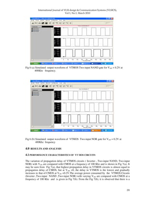!
" "
Fig 6 (a) Simulated output waveform of VTMOS Two-input NAND gate for VAN = 0.2V at
400Khz frequency.
Fig 6 (b) Simulated output waveform of VTMOS Two-input NOR gate for VAN = 0.2V at
400Khz frequency
4.0 RESULTS AND ANALYSIS
4.1 PERFORMANCE CHARACTERISTICS OF VT MOS CIRCUITS
The variation of propagation delay of VTMOS circuits ( Inverter , Two-input NAND, Two-input
NOR) with VAN are compared with CMOS at a frequency of 100 Khz and is shown in Fig 7(a). It
may be seen from Fig 7(a), that highest propagation delay in VTMOS circuits is almost equal to
propagation delay of CMOS, but at VAN =0, the delay in VTMOS is the lowest and gradually
increases to that of CMOS at VAN =0.2V.The average power consumed by the VTMOS Circuits
(Inverter ,Two-input NAND ,Two-input NOR) with varying VAN are compared with CMOS at a
frequency of 100 Khz and is given in Fig 7(b). From the Fig 7(b), it is observed that there is a
 