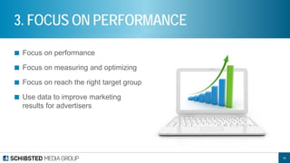 ■ 
Focus on performance 
■ 
Focus on measuring and optimizing 
■ 
Focus on reach the right target group 
■ 
Use data to improve marketing results for advertisers 
15 
3. FOCUS ON PERFORMANCE  